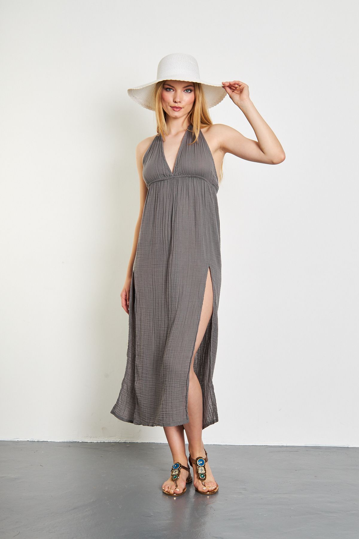INFINITO FASHION MÜSLİM KUMAŞ PLAJ ELBİSESİ yırtmaçlı KOYU GREY RENK ANTRASİT one sze