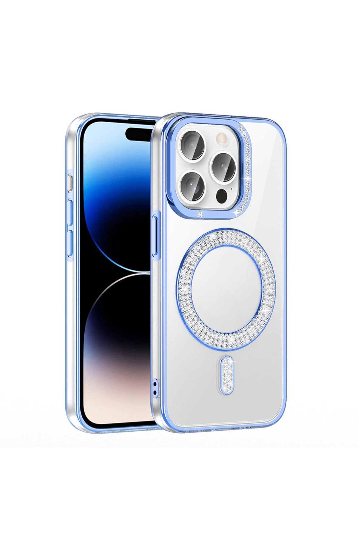 Strap U Apple iPhone 14 Pro Max Kılıf Pırlanta Taş Tasarımlı M-safe Şarj Özellikli Karetta Silikon Kapak