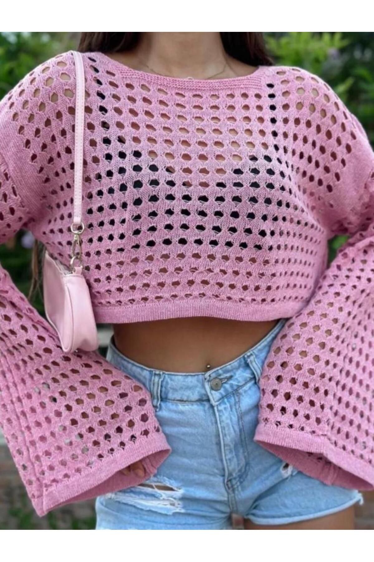 Ctn Kadın Spor Şık Delikli Triko Crop Kazak