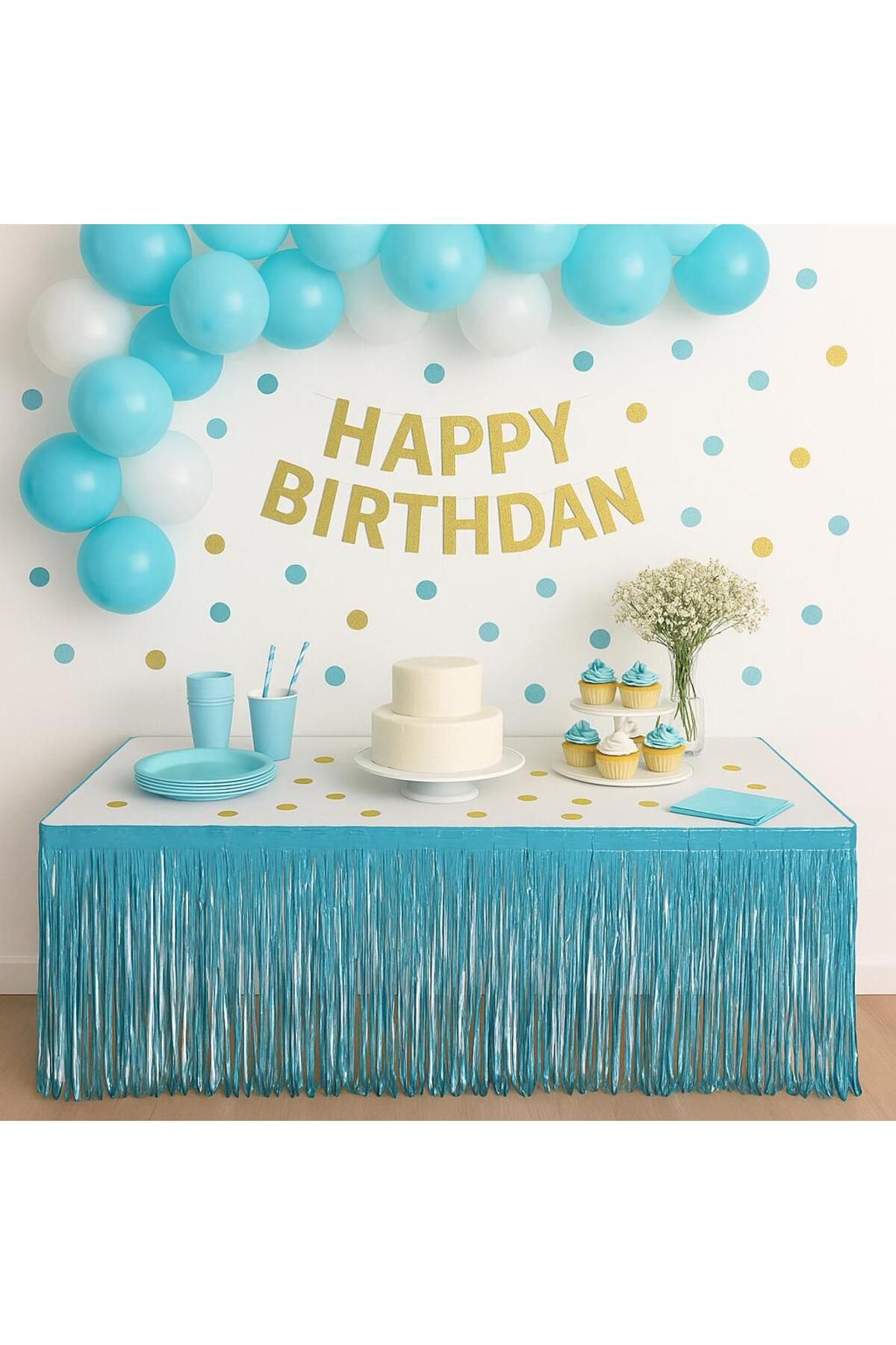 partyrüyası Mavi Metalize Folyo Işıltılı Püskül Masa Eteği Kendinden Bantlı 75x360 Cm