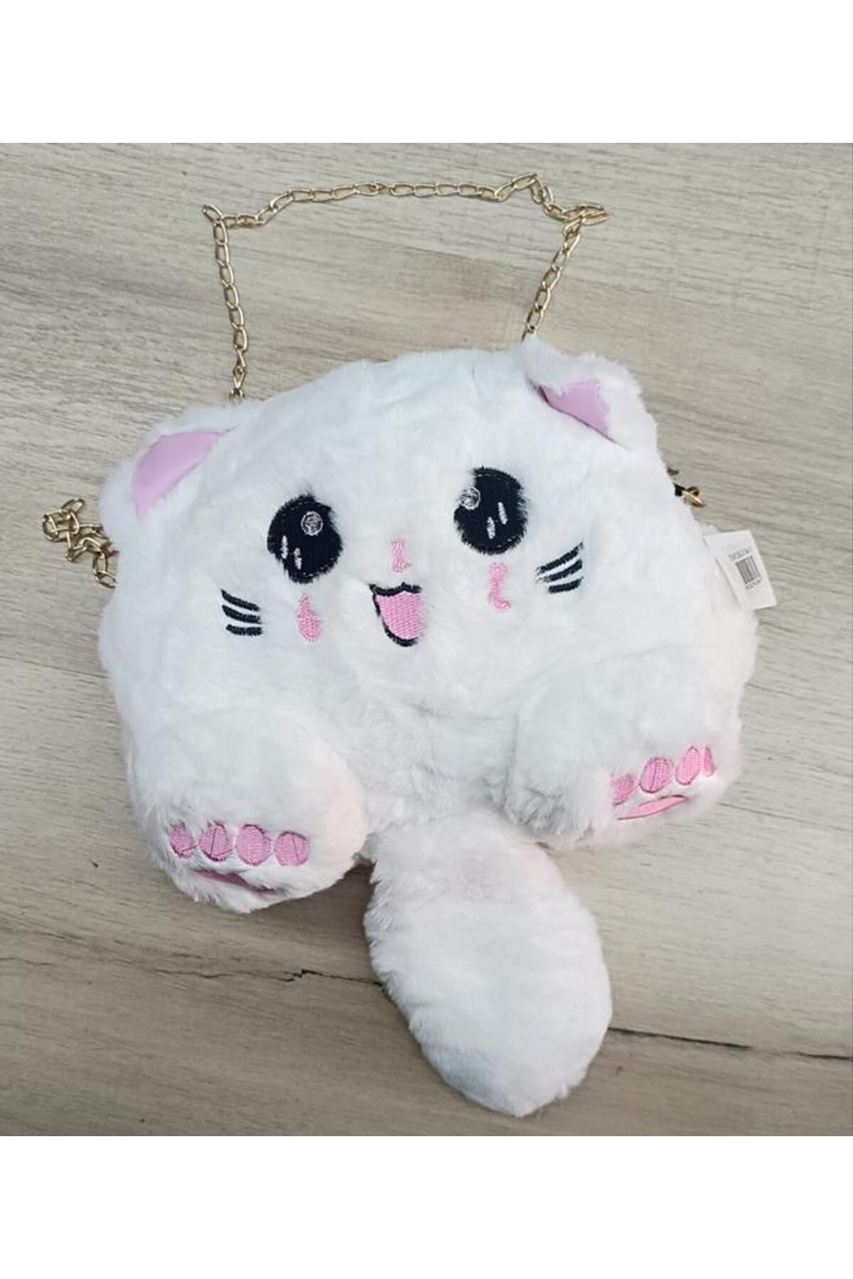 Hd Marketim Çanta Peluş Sevimli Kedi Zincir Saplı El Omuz Çantası Beyaz