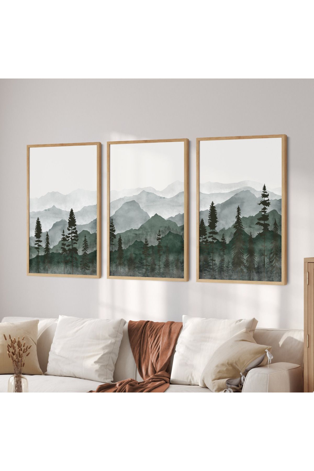 Tuba Decor 3 Parça Ahşap Çerçeve Görünümlü bohem MDF Tablo Seti