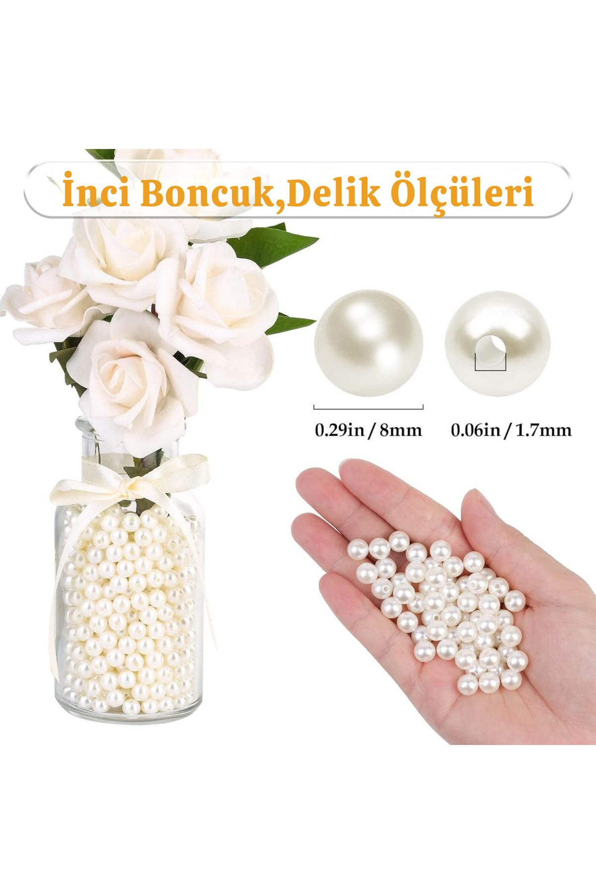 CSG BAZAAR 8 mm 100 Gram İnci Boncuk - Beyaz - Çanta Ve Takı Yapımı İçin