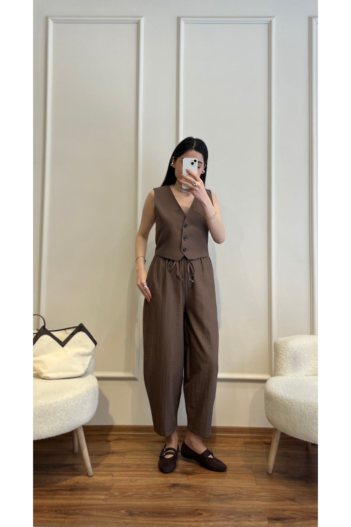 Zims Butik Keten Yelek Pantolon Takım Kahverengi