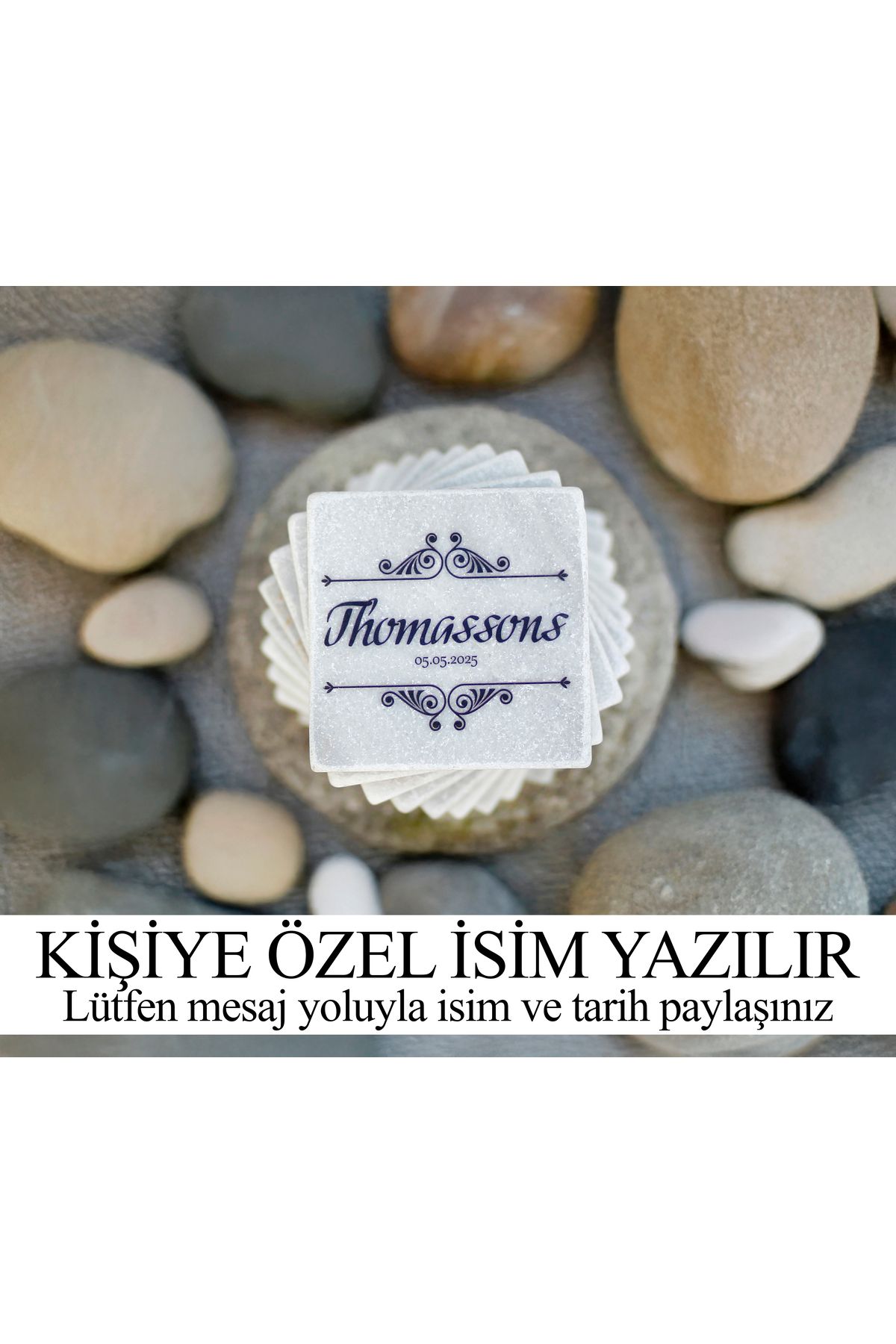 marbelix Kişiselleştirilen 6'lı Set Silva Beyaz Mermer Bardak Altlığı #3- 10cm - Mesajla İsim Tarih Belirtin