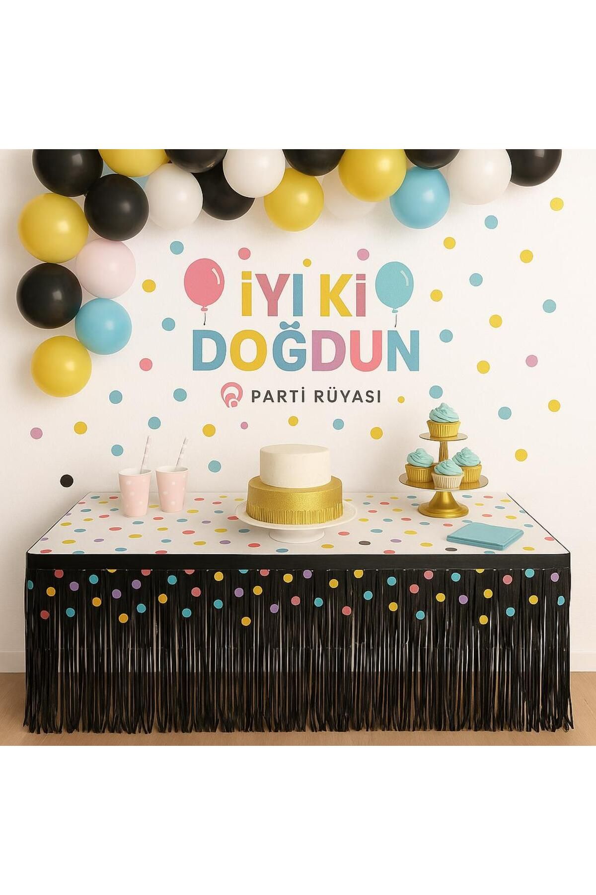 partyrüyası Siyah Metalize Folyo Işıltılı Püskül Masa Eteği Kendinden Bantlı 75x360 Cm