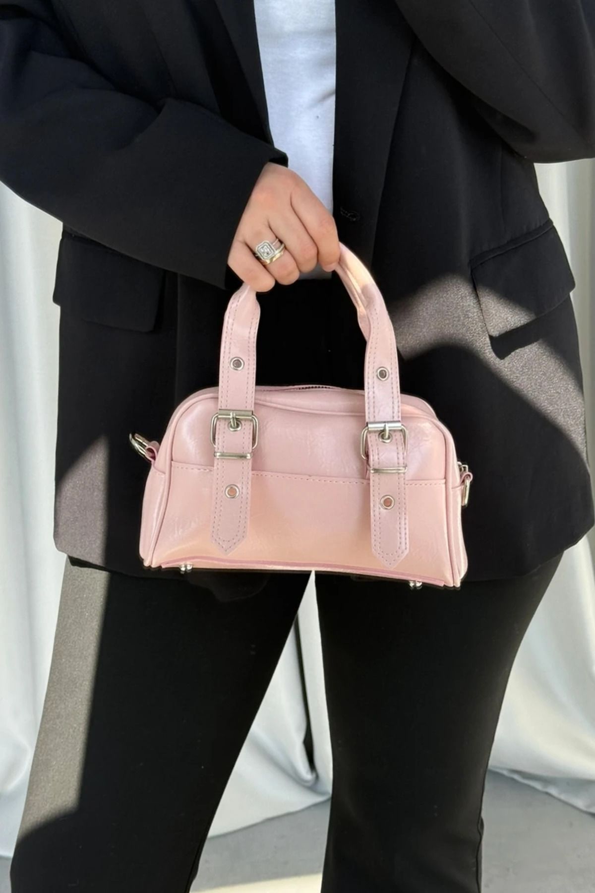 Melos Butik Kadın Pembe Çift Kemer Detaylı Deri El Ve Omuz Çantası