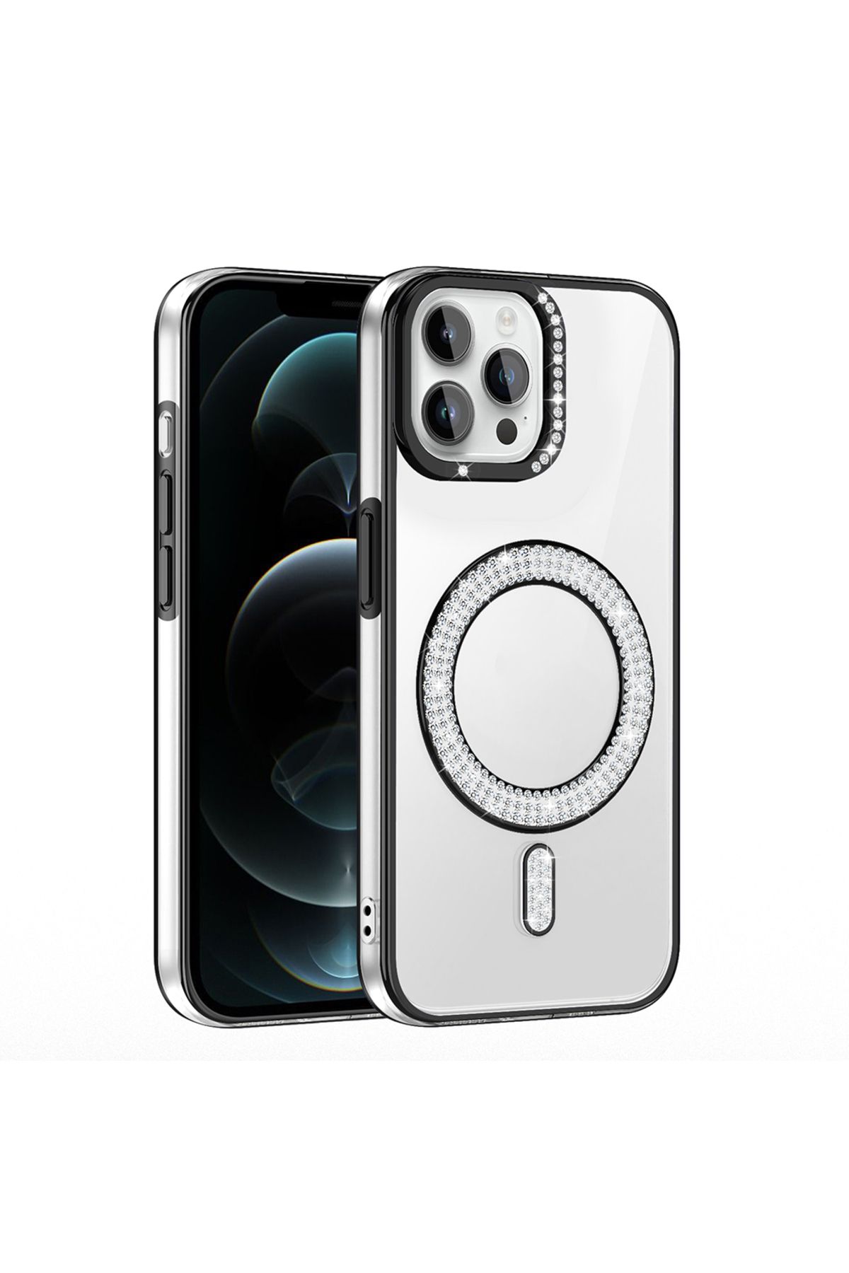 Strap U Apple iPhone 12 Pro Kılıf Pırlanta Taş Tasarımlı M-safe Şarj Özellikli Karetta Silikon Kapak