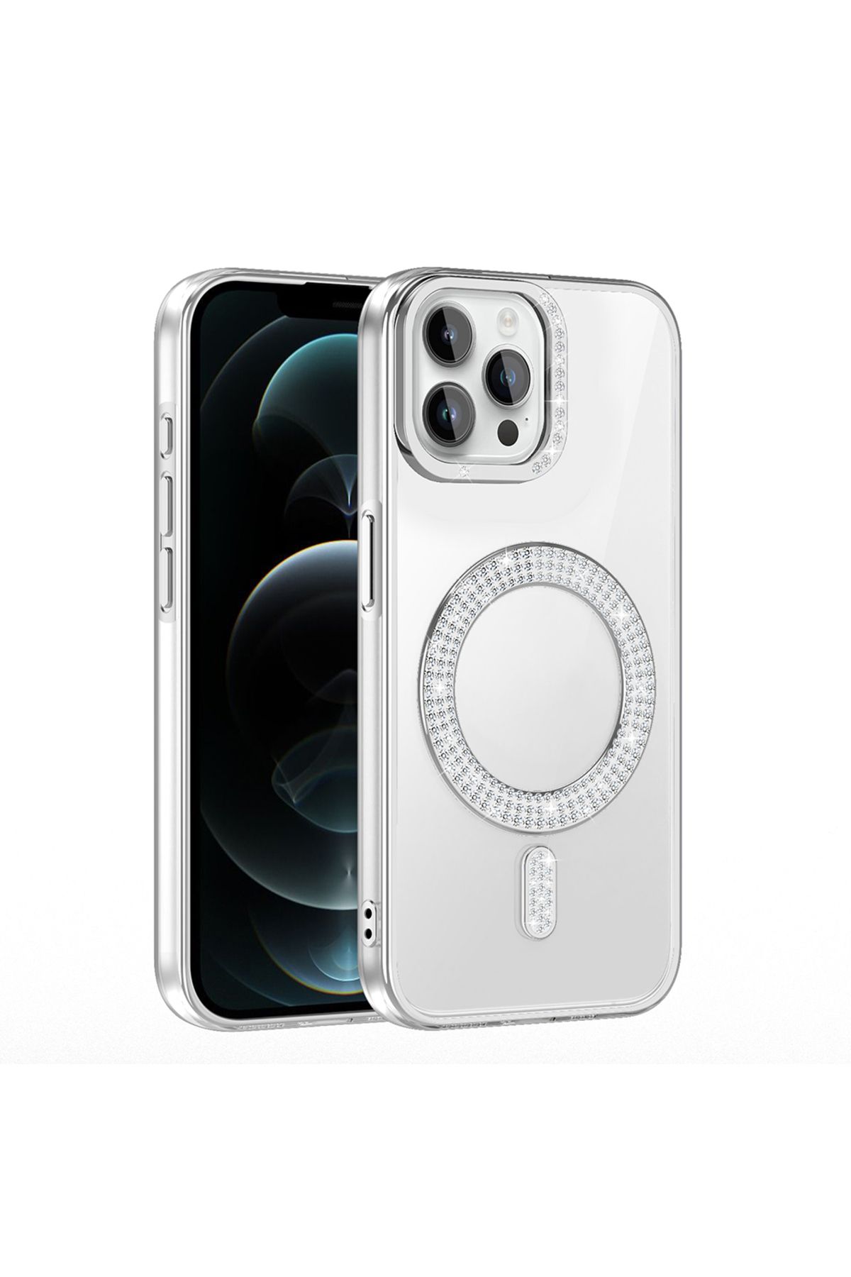 Strap U Apple iPhone 12 Pro Kılıf Pırlanta Taş Tasarımlı M-safe Şarj Özellikli Karetta Silikon Kapak
