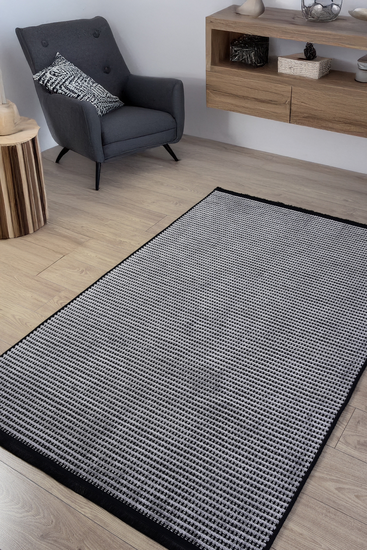 Loomina Home Gri Şönil %100 Pamuk Yumuşak Kaymaz Taban Yıkanabilir Kilim Yolluk Salon Oturma Çocuk Odası Dokuma