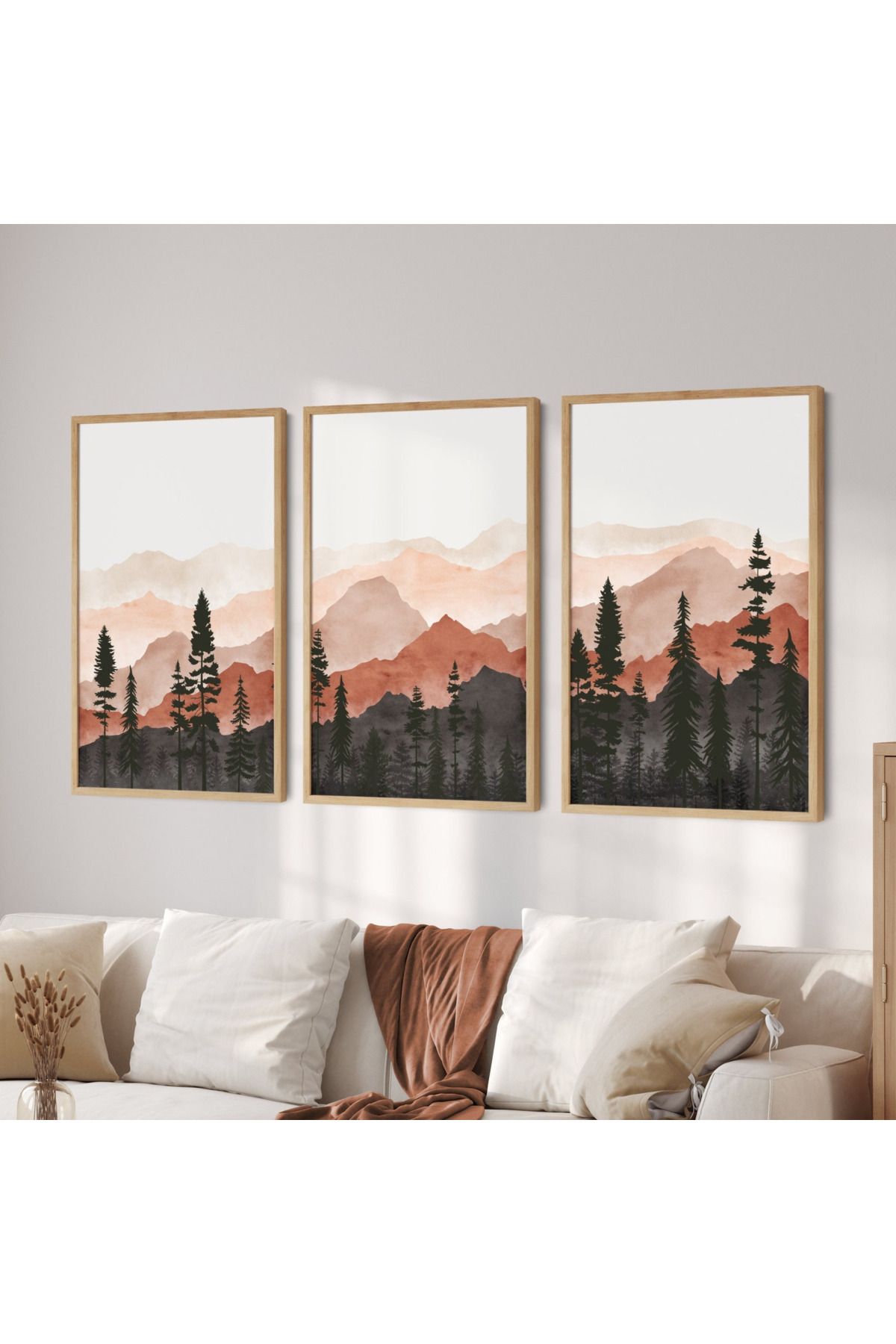 Tuba Decor 3 Parça Ahşap Çerçeve Görünümlü bohem MDF Tablo Seti