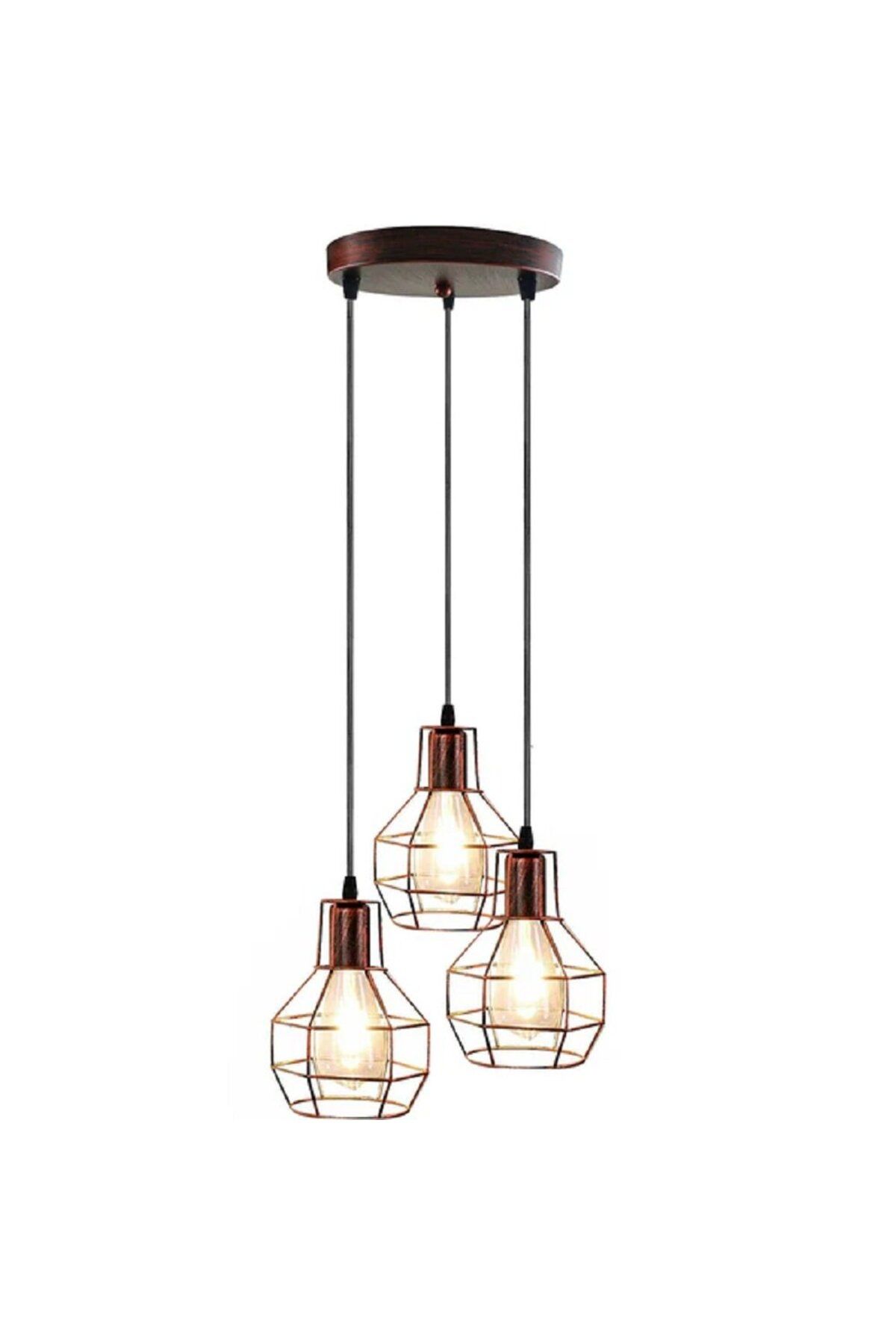 RİOLİGHT VİNTAGE,RETRO,RUSTİK BAKIR FIRÇALI PATİNE 3XE27 KAFES METAL SARKIT AVİZE TABAN ÇAP:30CM