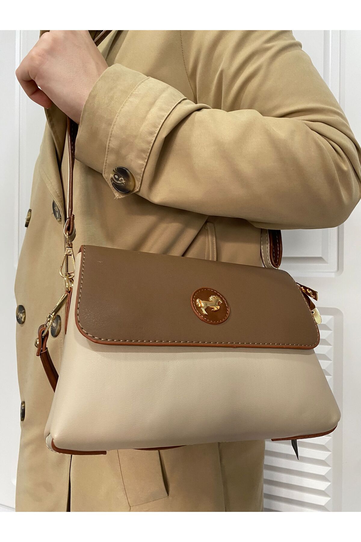ST Bags Kadın Krem Taba Günlük Kullanım 3 Bölmeli Omuz Çantası