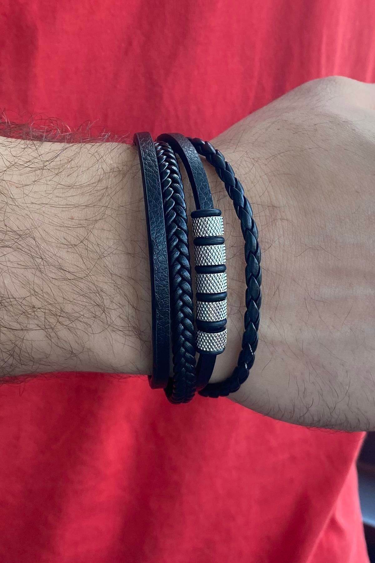 TAKIŞTIR Siyah Renk Metal Detaylı Çelik Bileklik