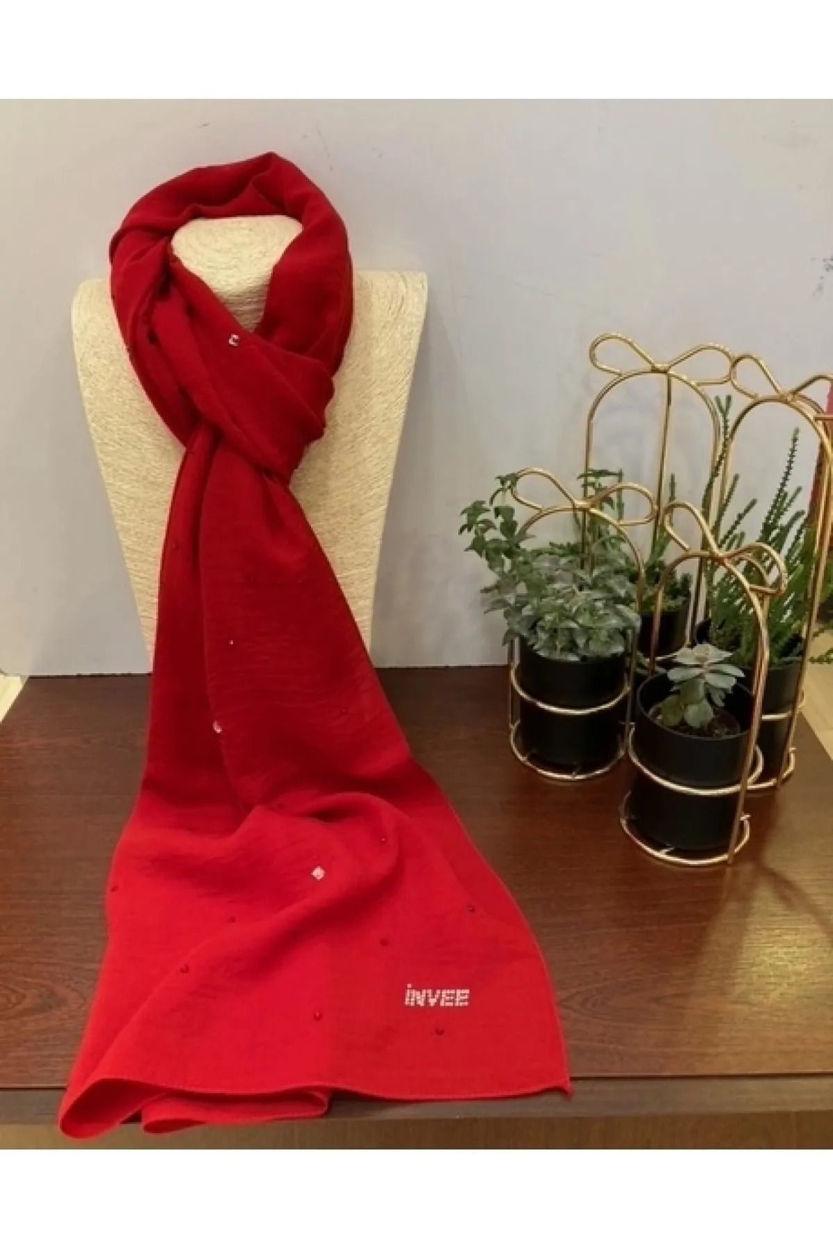 Perla Scarf & More İnvee Taşlı Caz Şal Kırmızı