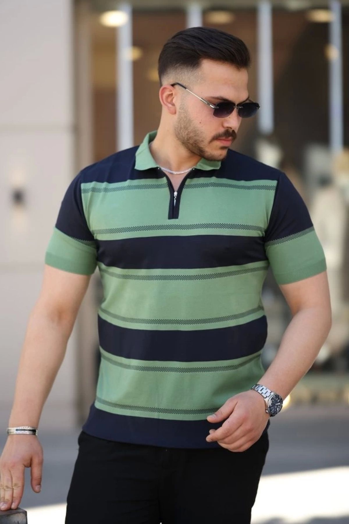 Kaplan Erkek Yakalı Fermuarlı çift Renk Kısa Kollu T-shirt