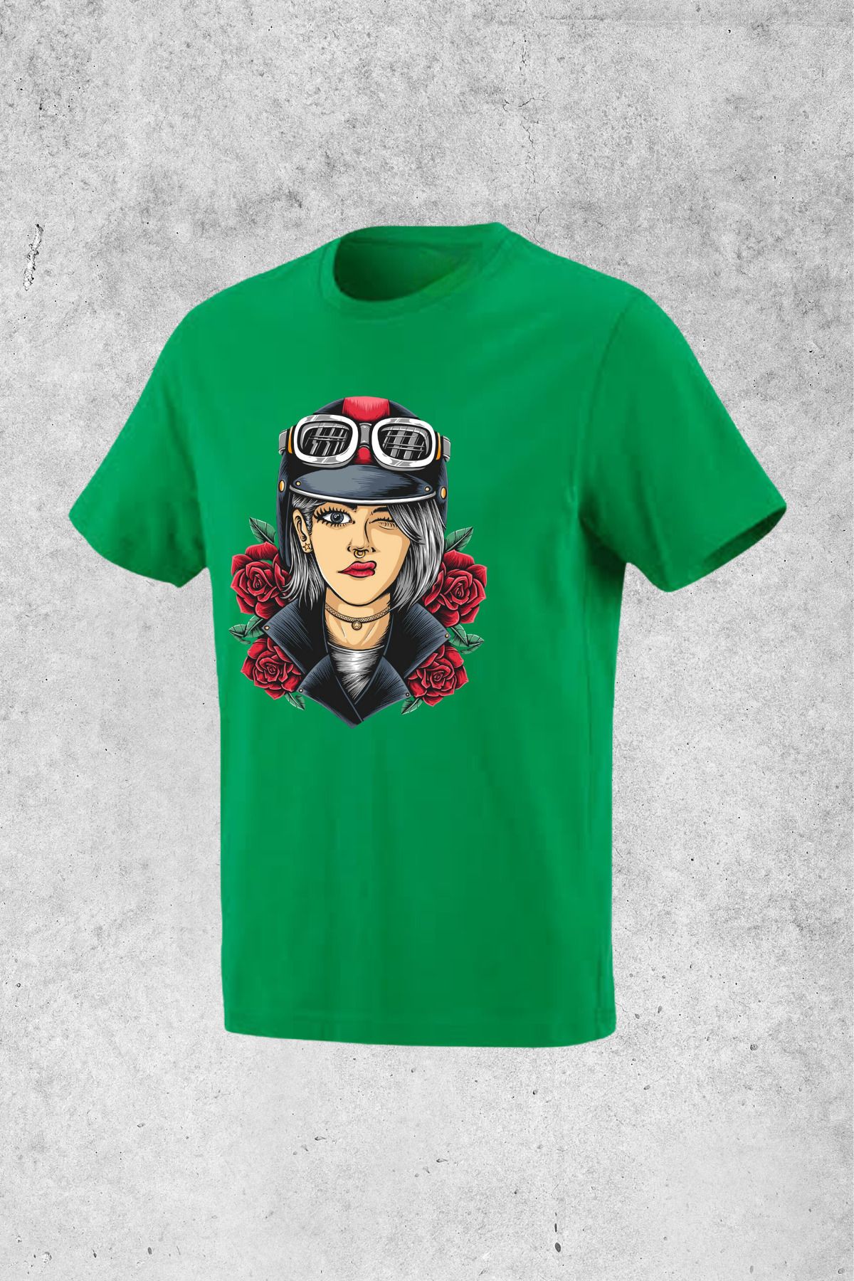 MOLICO Basic unısex sıfır yaka kısa kollu KASKLI MOTORCU KIZ BASKILI tshirt