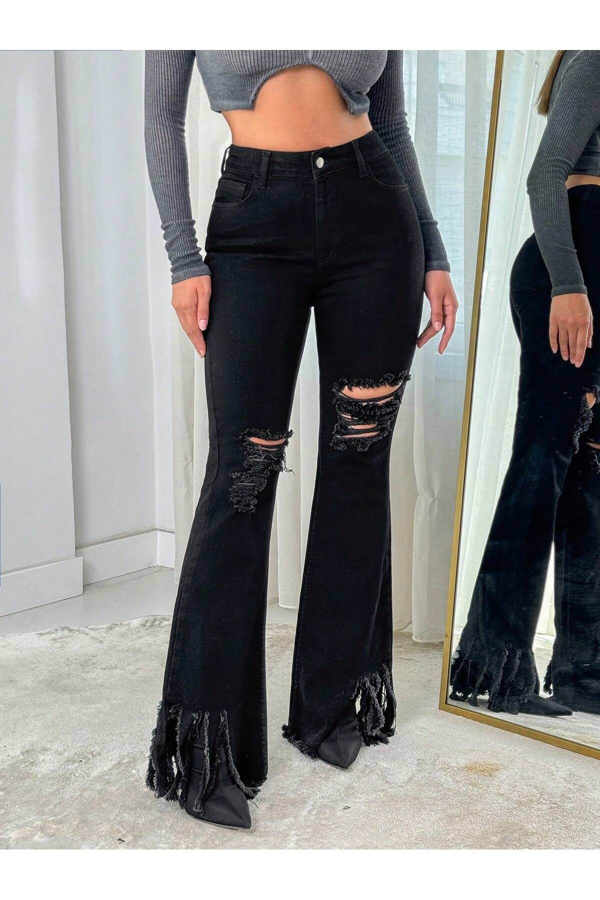 REDZARRAM likralı paçası püsküllü dizleri yırtık flare jeans siyah kadın pantolonu