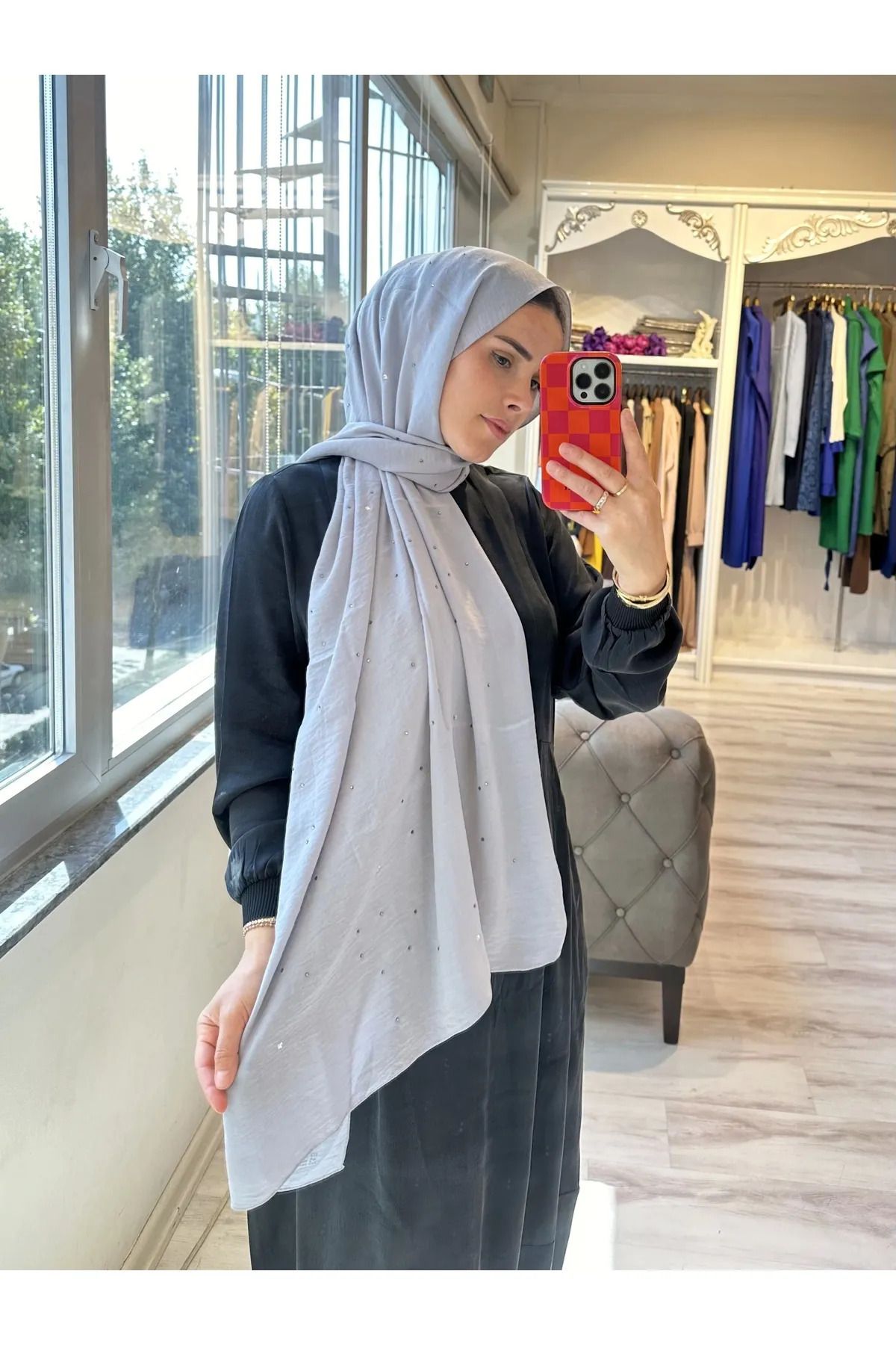 Perla Scarf & More İnvee Taşlı Caz Şal Gri