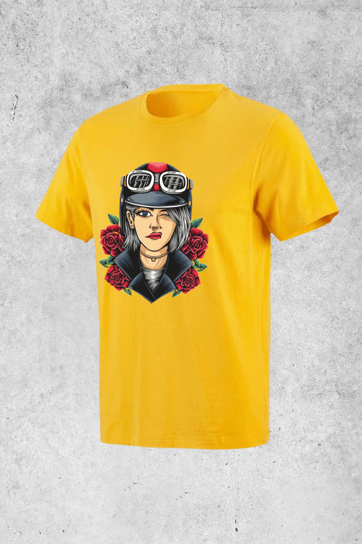 MOLICO Basic unısex sıfır yaka kısa kollu KASKLI MOTORCU KIZ BASKILI tshirt