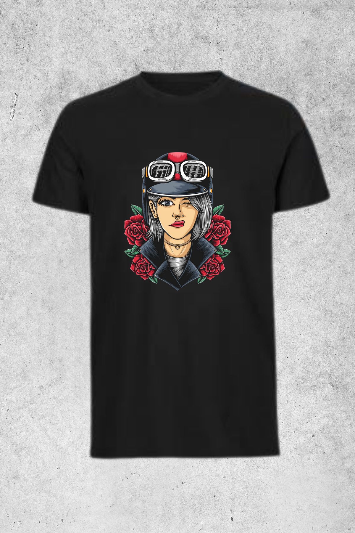 MOLICO Basic unısex sıfır yaka kısa kollu KASKLI MOTORCU KIZ BASKILI tshirt