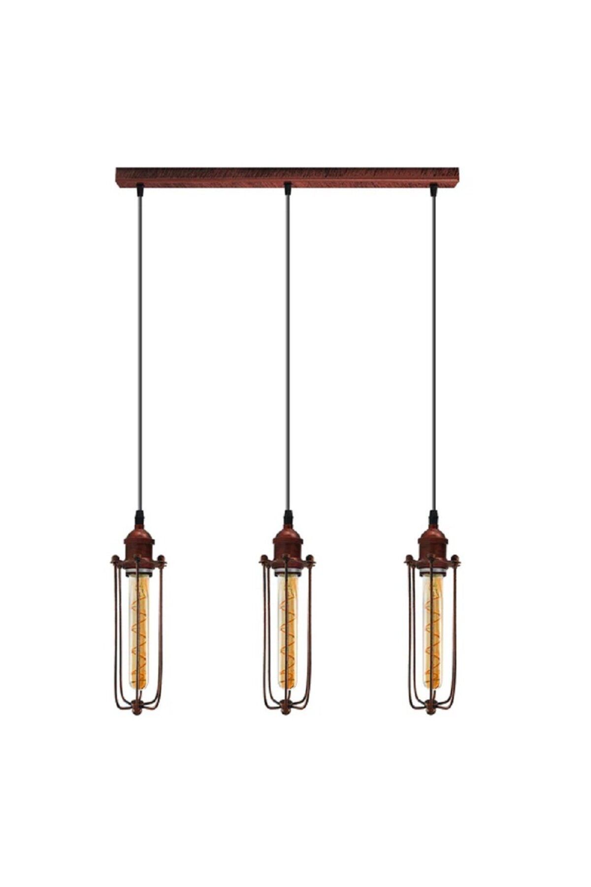 RİOLİGHT VİNTAGE,RETRO,RUSTİK BAKIR FIRÇALI PATİNE 3XE27 KAFES MASA ÜSTÜ SARKIT AVİZE UZUNLUK:60CM