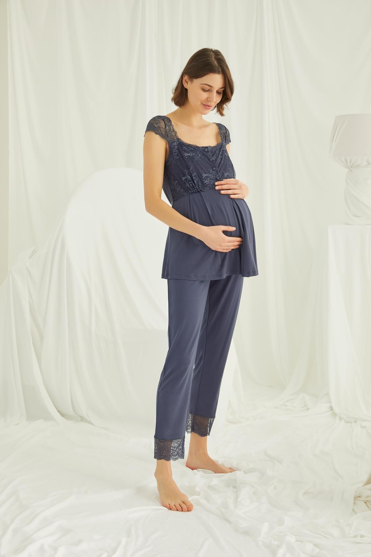 MONAMİSE Dantelli Önü Düğmeli Hamile Lohusa Pijama Takımı
