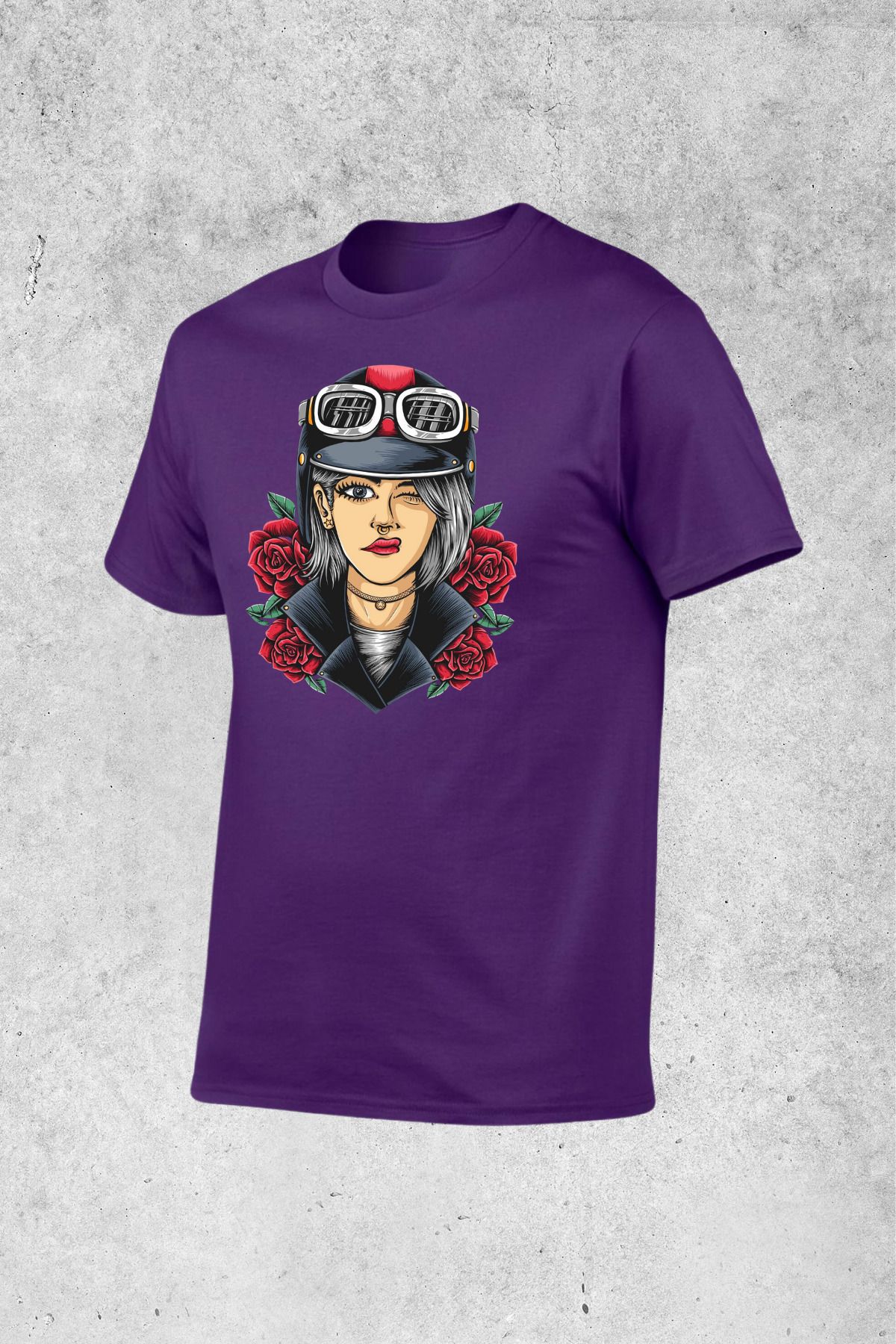 MOLICO Basic unısex sıfır yaka kısa kollu KASKLI MOTORCU KIZ BASKILI tshirt