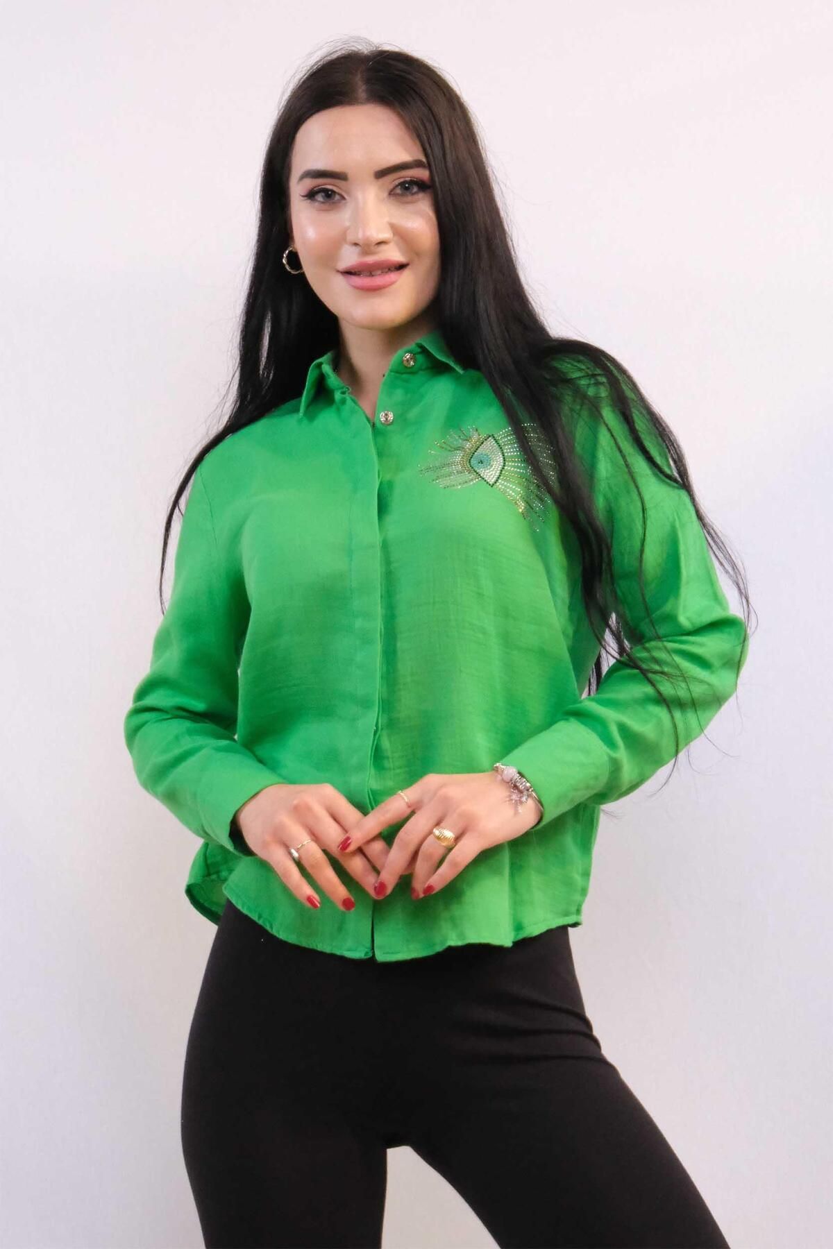 PuShe Moda Çizgi Taşlı Keten Gömlek MC2301 Yeşil
