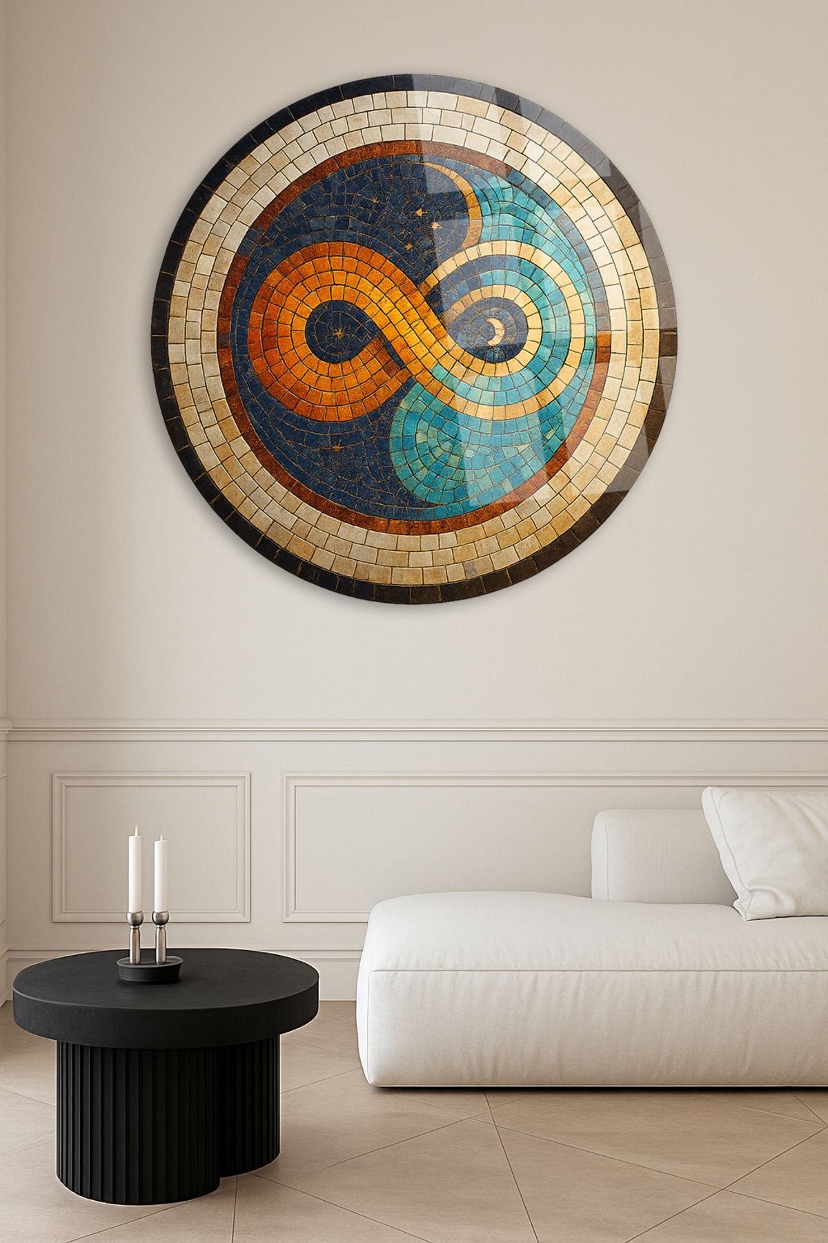 TAULART MOZAİK DESENLİ SONSUZLUK İŞARETİ MODERN YUVARLAK CAM TABLO EV HEDİYESİ ULTRA CANLI RENKLER