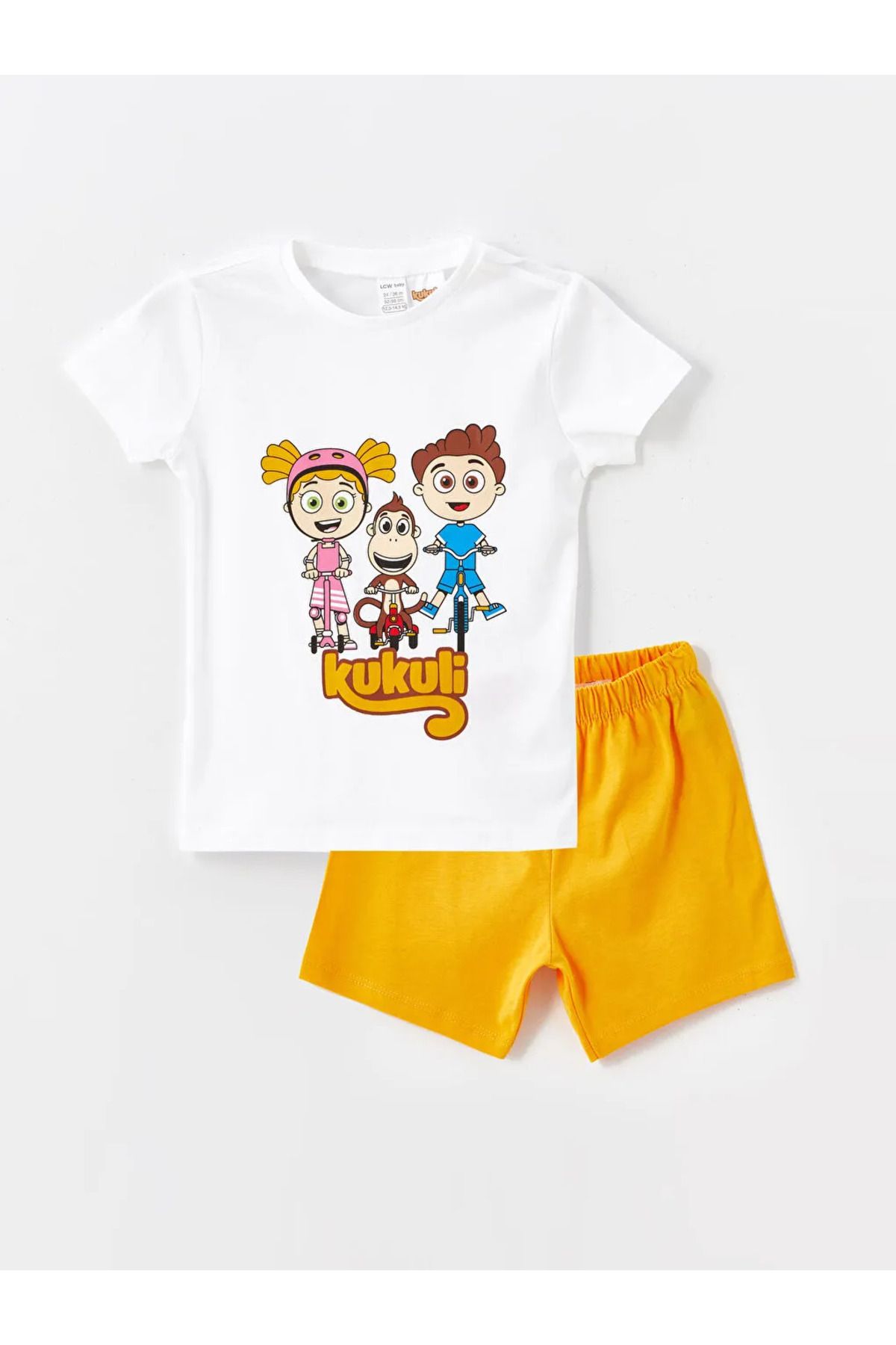 LC Waikiki LCW baby Beyaz Bisiklet Yaka Kukuli Baskılı Kısa Kollu Erkek Bebek Şortlu Pijama Takımı