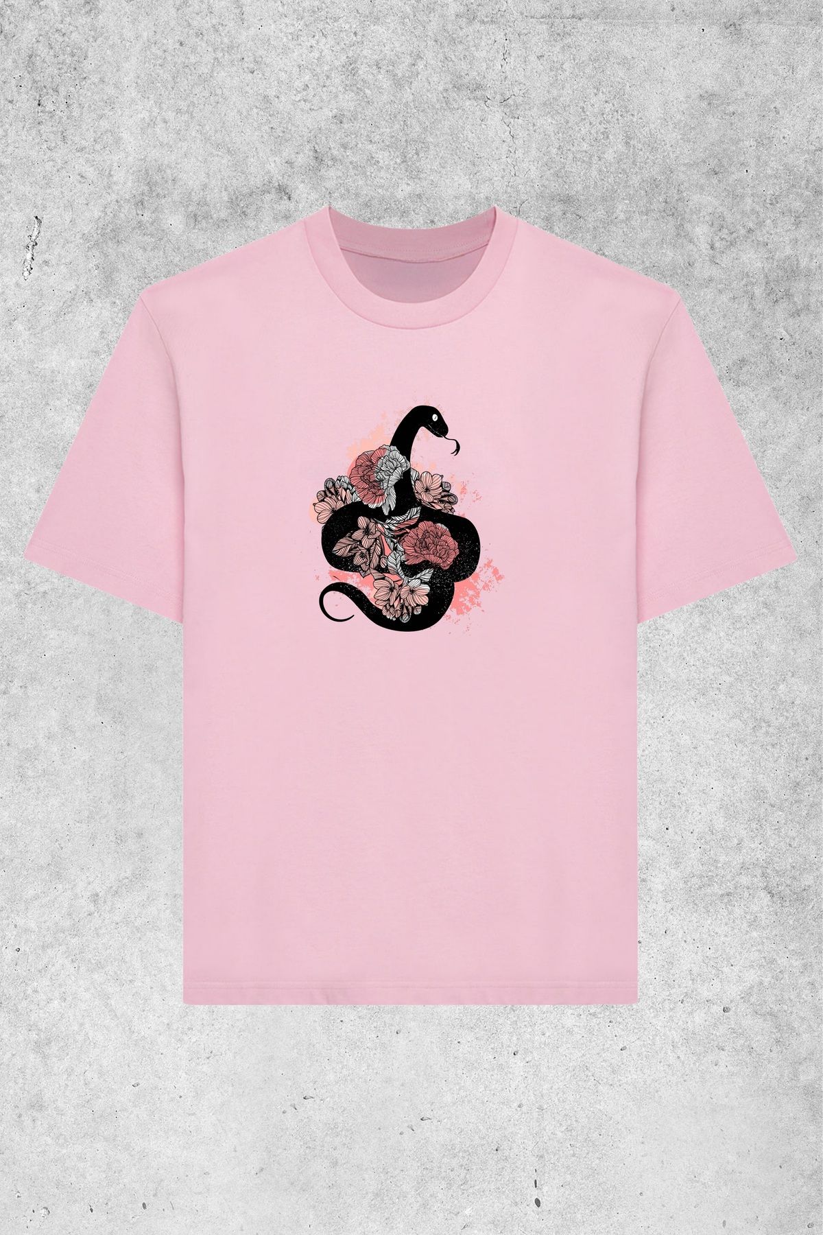 MOLICO Basic unısex sıfır yaka kısa kollu GÜLLÜ YILAN BASKILI tshirt