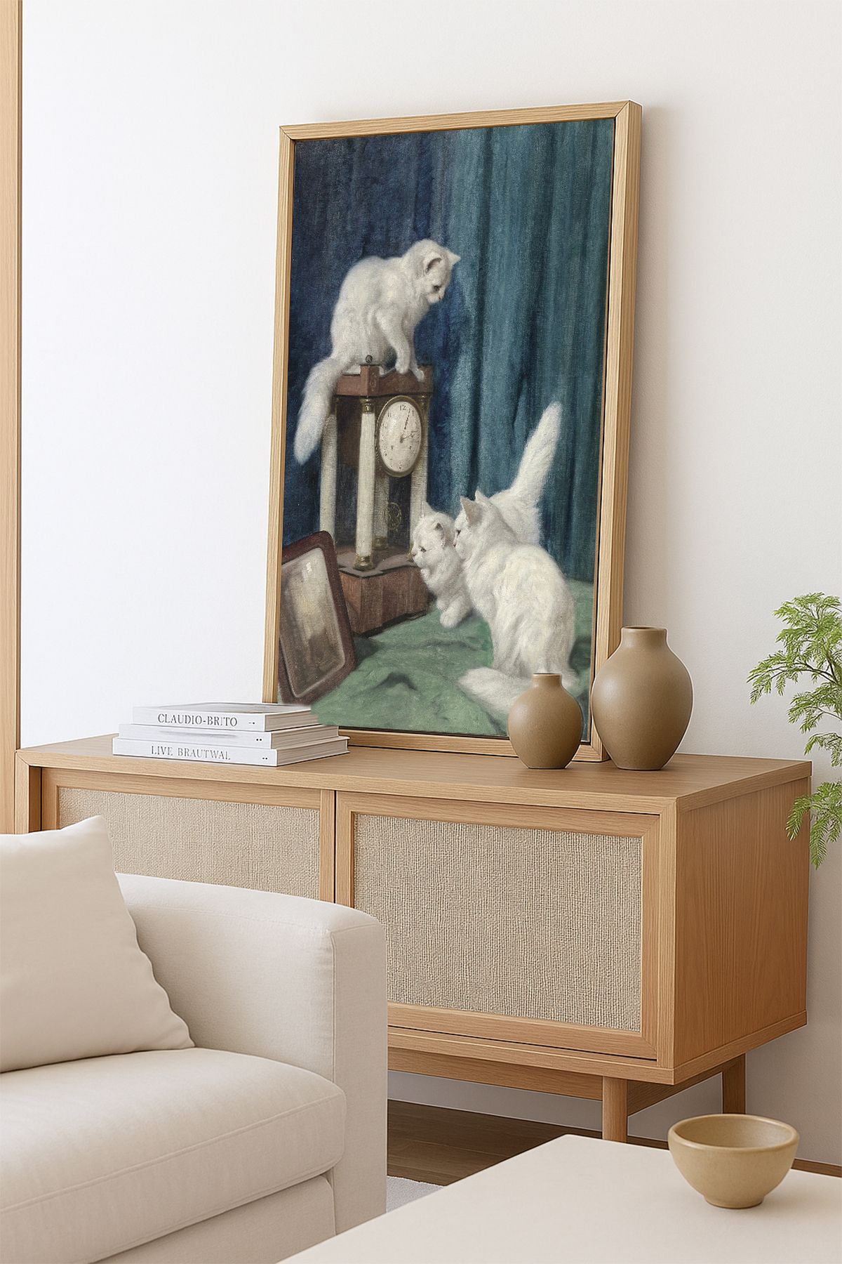AKSU SANAT Kediler ve Zaman Vintage ÇERÇEVELİ Kanvas Tablo, ÇİFT ÇERÇEVELİ Tablo 1KTBL25
