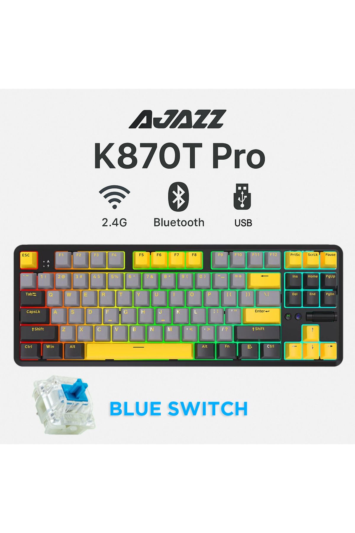 Ajazz K870T Pro 3 Modlu  Uyumlu Hot-Swap RGB, Mekanik Klavye - Siyah