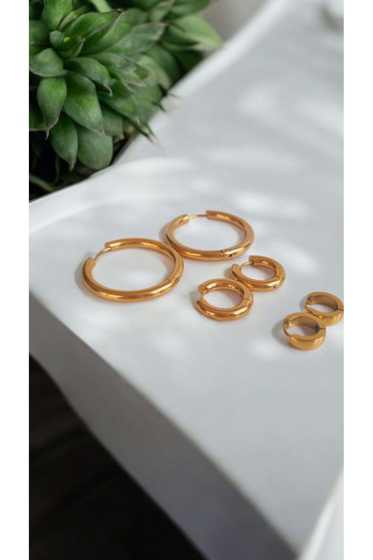 İNİTİUM Paslanmaz Çelik 3 Çift Gold Halka Küpe