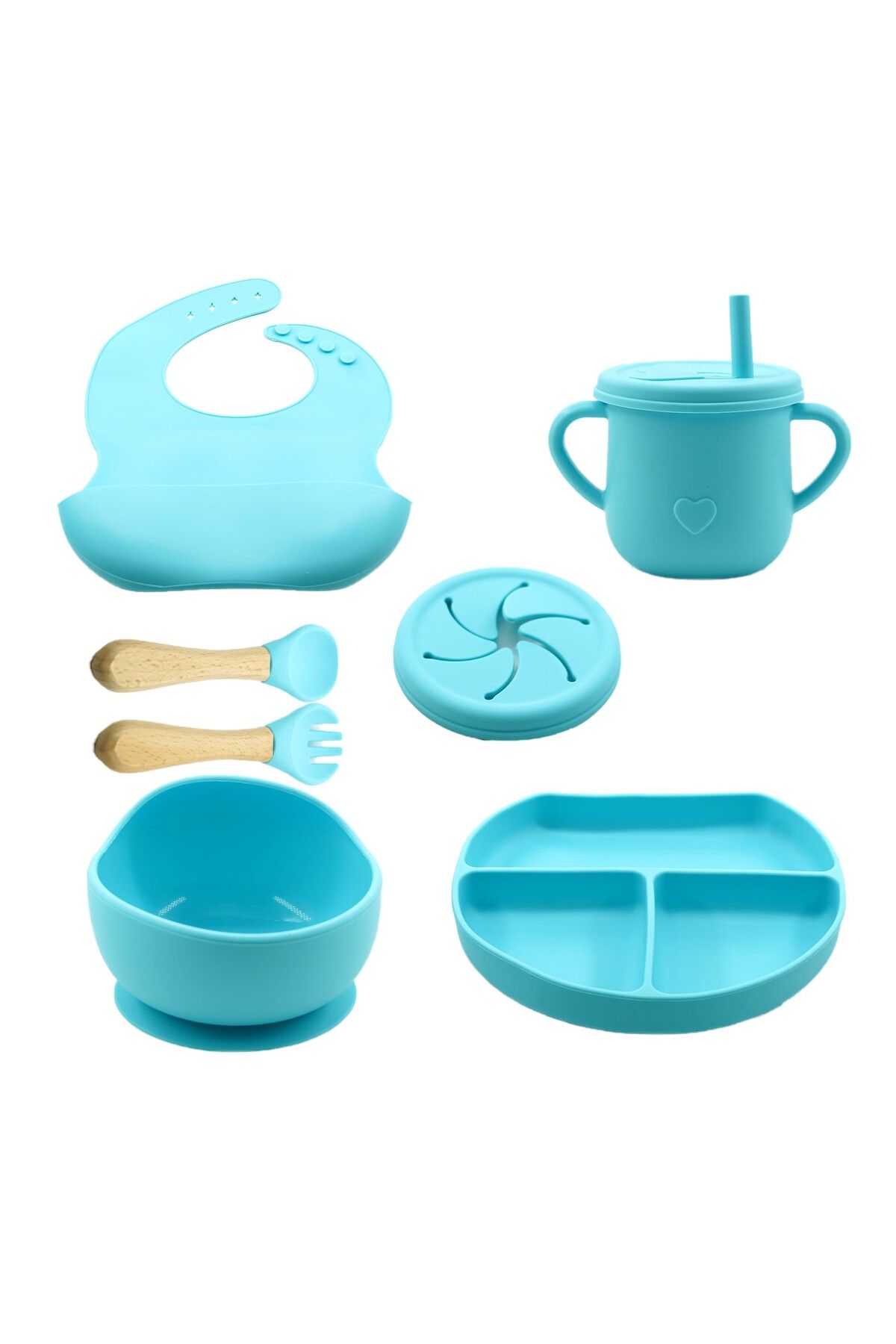 Flippy Set Diversificare 8 Piese, Farfurie Și Bol Ventuză, Tacâmuri Lemn Și Silicon, Albastru - One Size