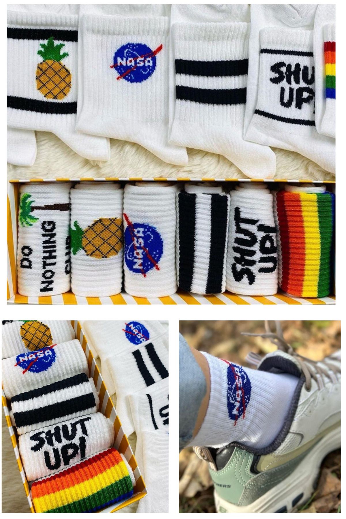 Esinti Unisex 6 Çift Beyaz Çorap Renkli Desenli Soket Çorap Standart Beden (36-44)
