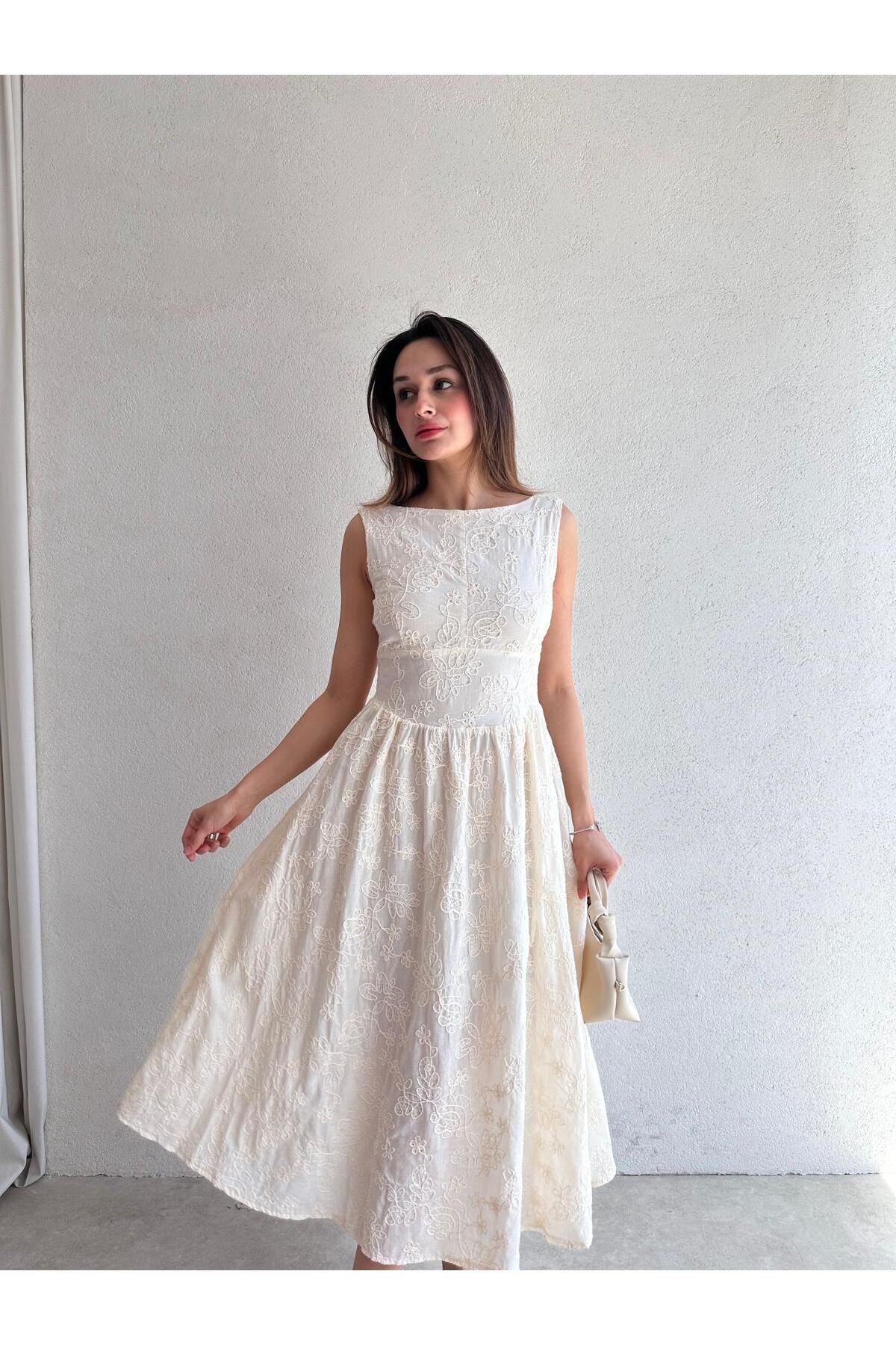 Mooi Butik RUBEL Midi Elbise 2383 - Krem