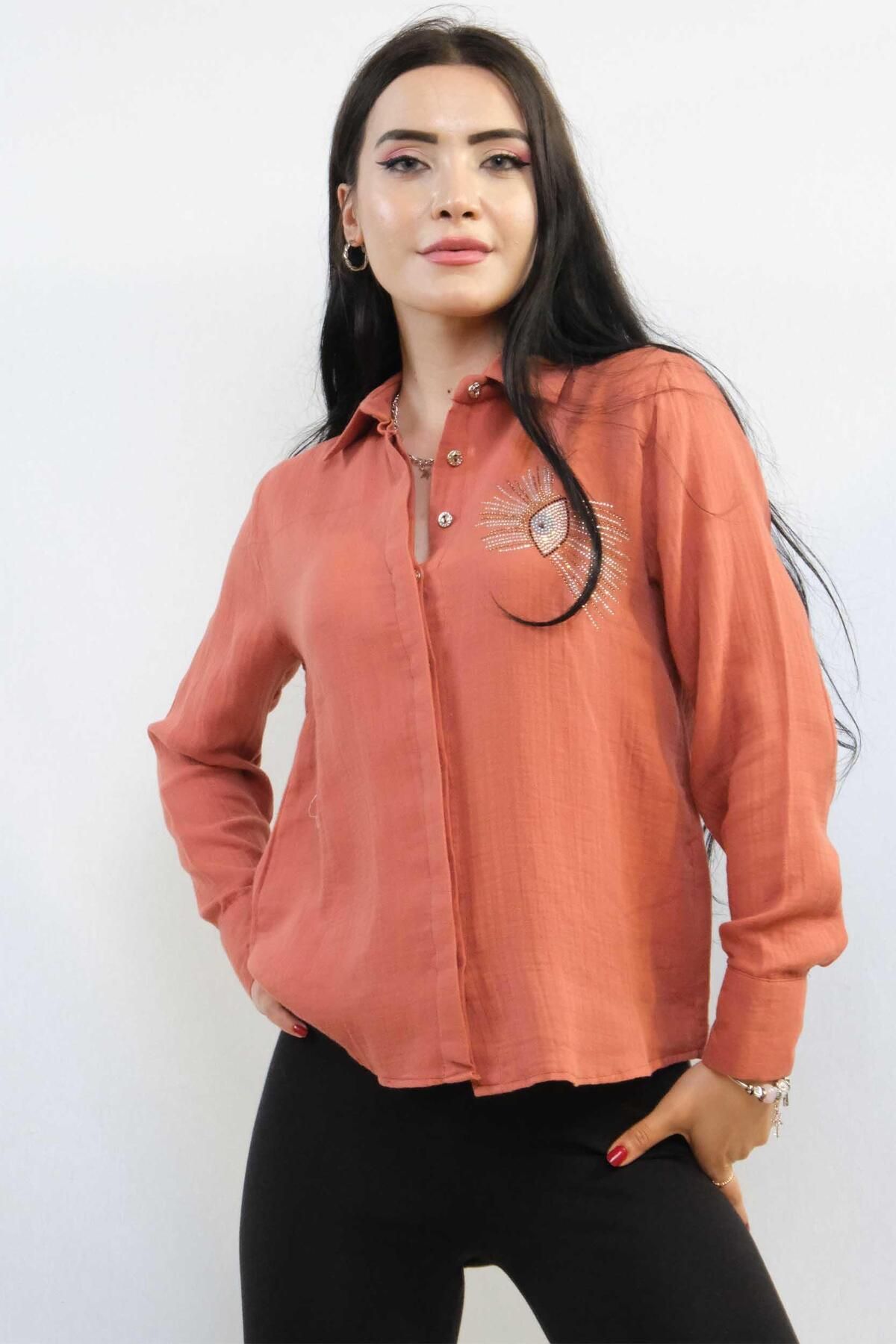 PuShe Moda Çizgi Taşlı Keten Gömlek MC2301 Mercan