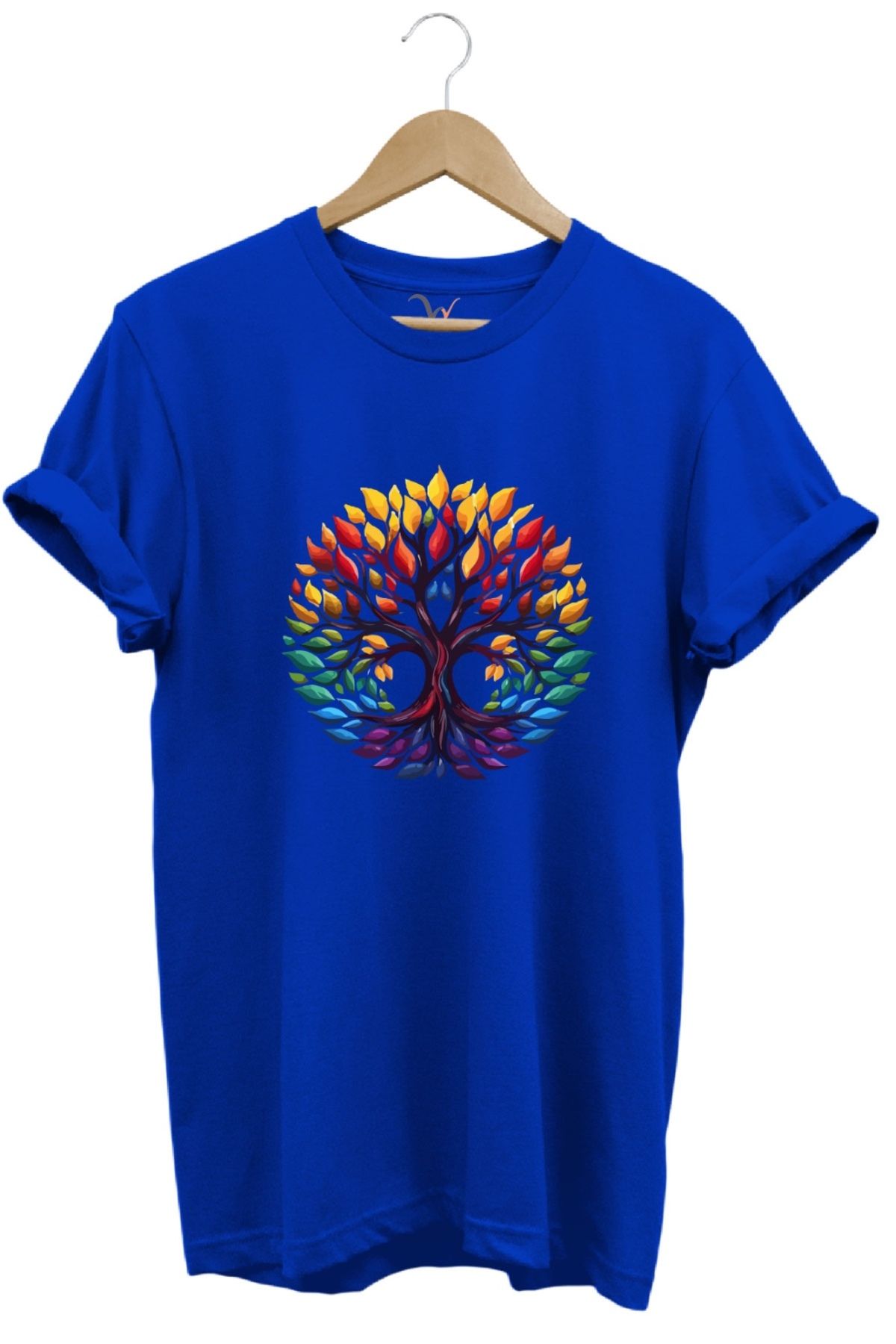 MODA Bohem Stil Yaşam Ağacı Baskılı %100 Pamuk Bisiklet Yaka Basic T-shirt