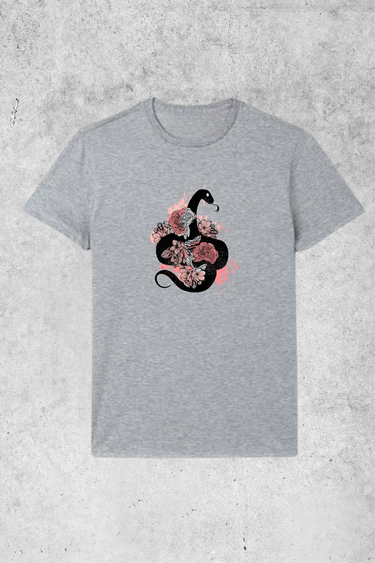 MOLICO Basic unısex sıfır yaka kısa kollu GÜLLÜ YILAN BASKILI tshirt