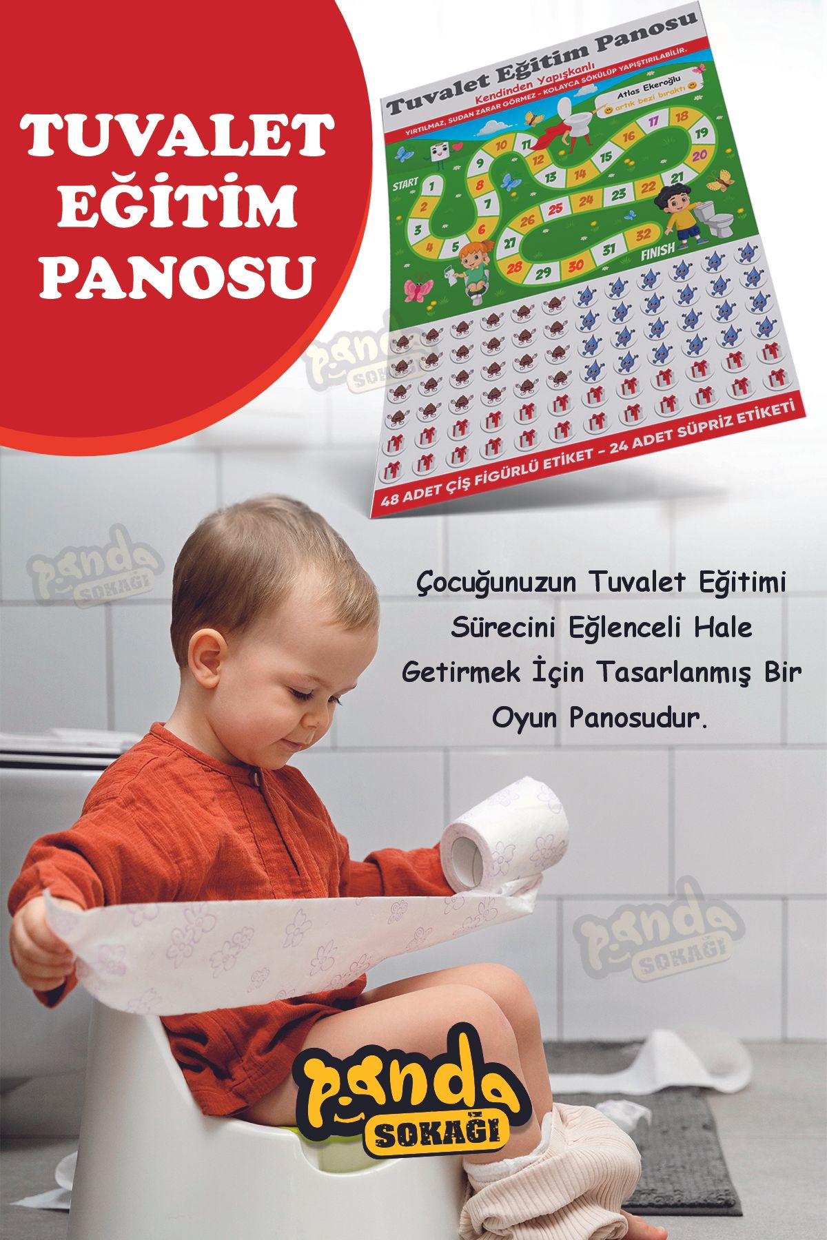 PANDA SOKAĞI Tuvalet Eğitimi Sticker Panosu Eğlenceli ve Eğitici 30x42 Özel Kesimli Kendinden Yapışanklı Sticker