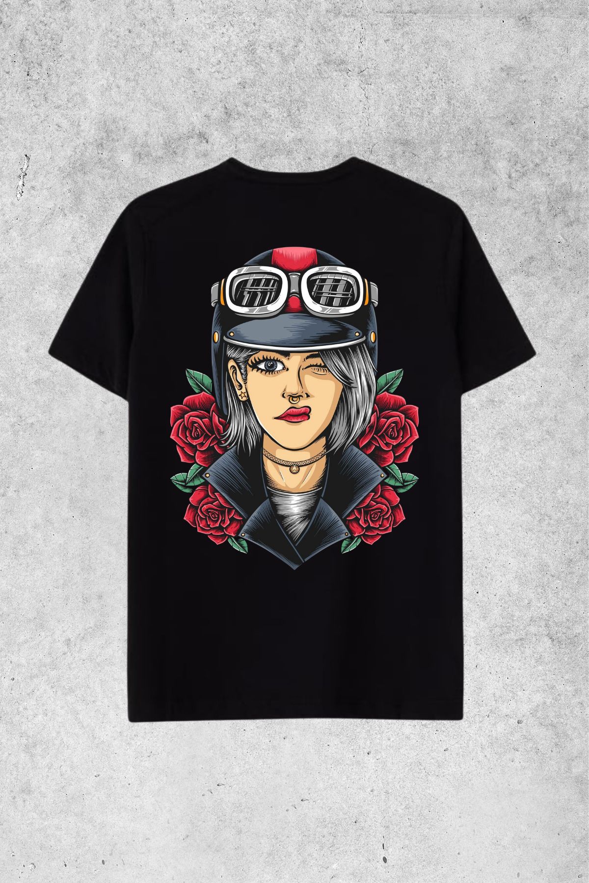 MOLICO Basic unısex sıfır yaka kısa kollu KASKLI MOTORCU KIZ SIRT BASKILI OVERSİZE tshirt