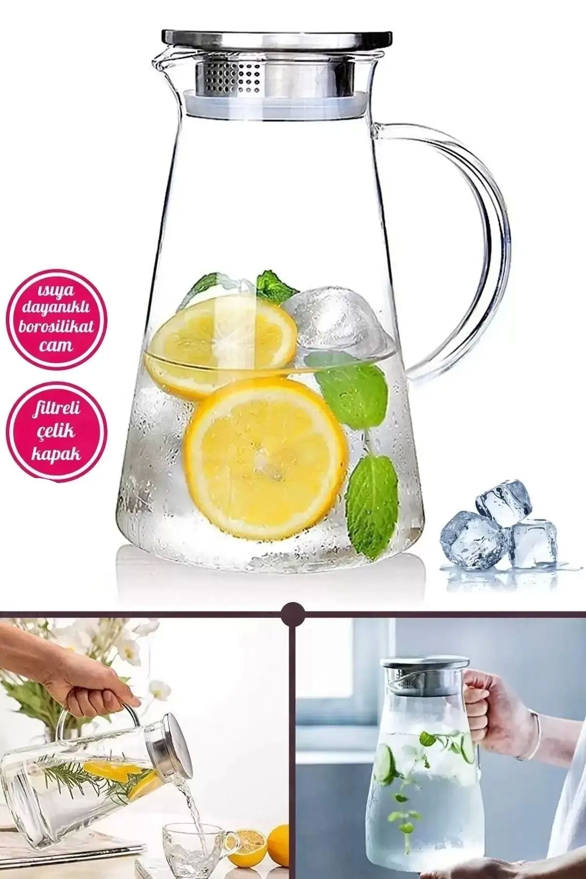 Maridet Borosilikat Cam Karaf Sürahi Cam Kulplu Metal Kapaklı Sıcak Soğuk Kokteyl Meşrubat Sürahisi 1800 ml
