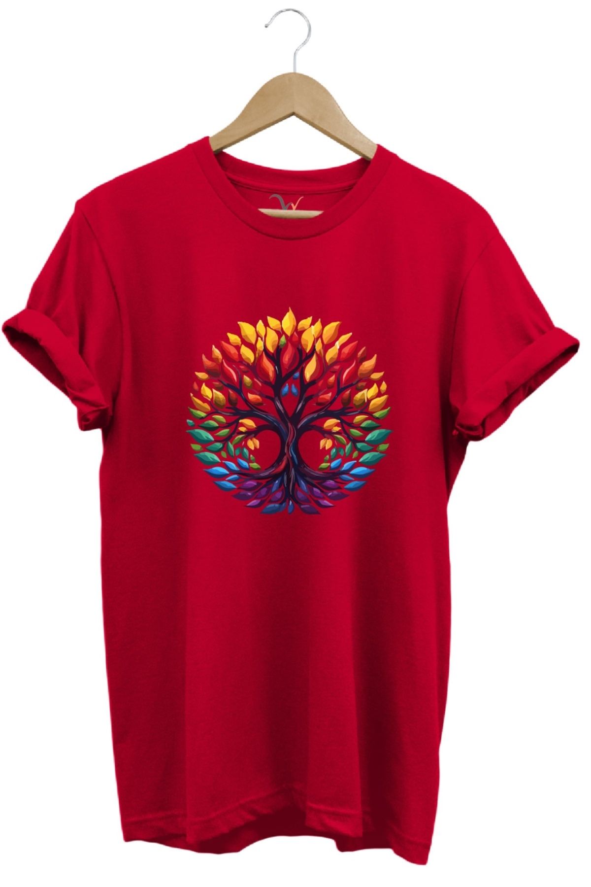 MODA Bohem Stil Yaşam Ağacı Baskılı %100 Pamuk Bisiklet Yaka Basic T-shirt