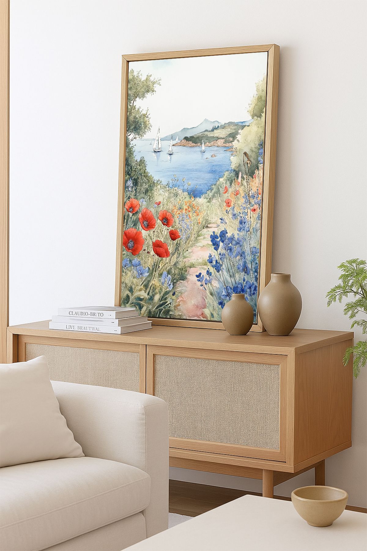 AKSU SANAT Gelincikler Ve Deniz Vintage ÇERÇEVELİ Kanvas Tablo, ÇİFT ÇERÇEVELİ Tablo 1KTBL22