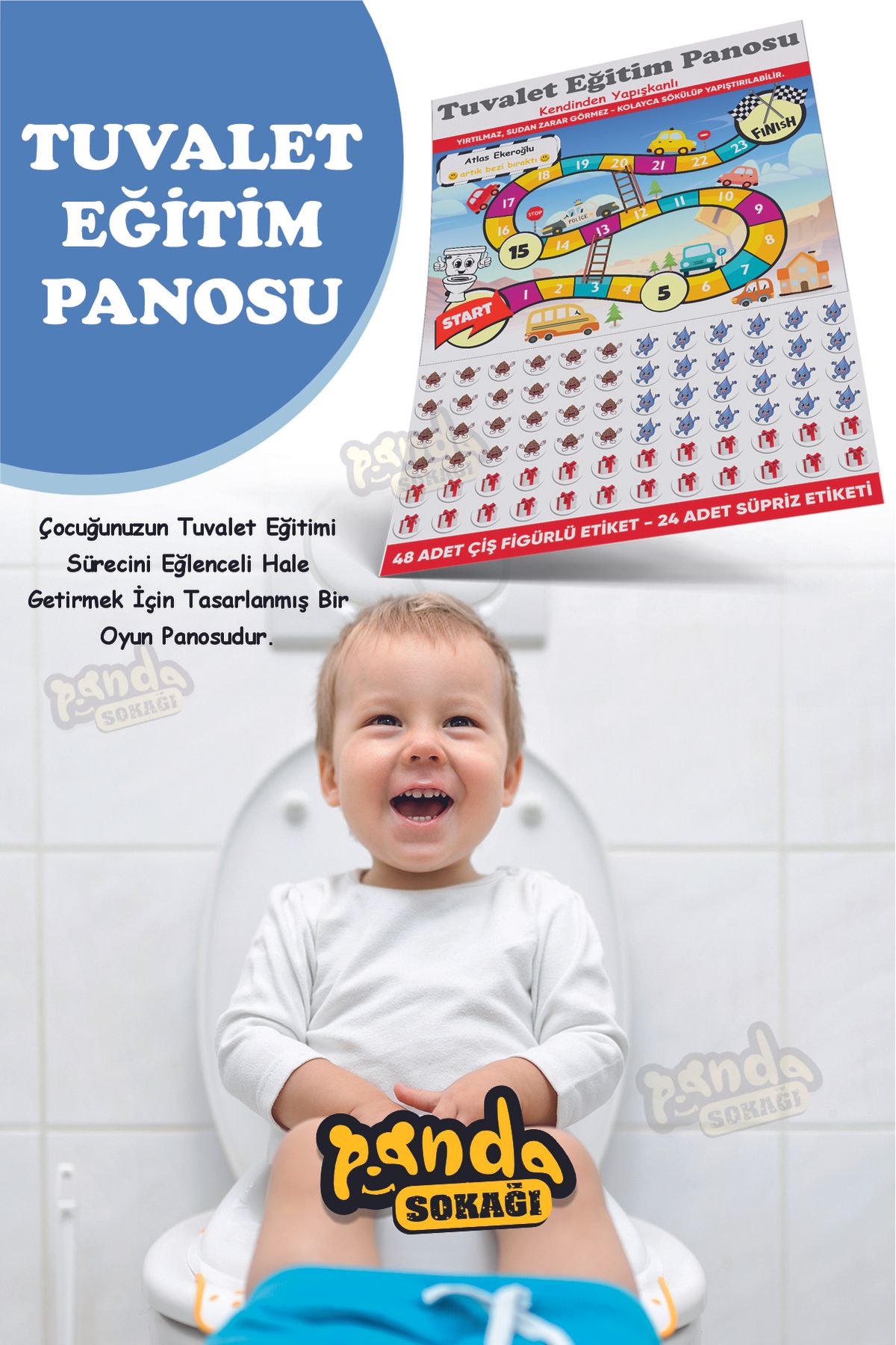 PANDA SOKAĞI Tuvalet Eğitimi Sticker Panosu Eğlenceli ve Eğitici 30x42 Özel Kesimli Kendinden Yapışanklı Sticker