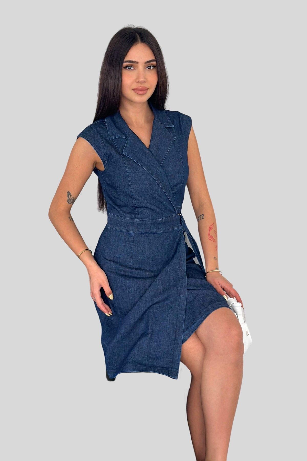 Moda Amore Ceket Yaka Kolsuz Yazlık Kadın Kot Elbise 041