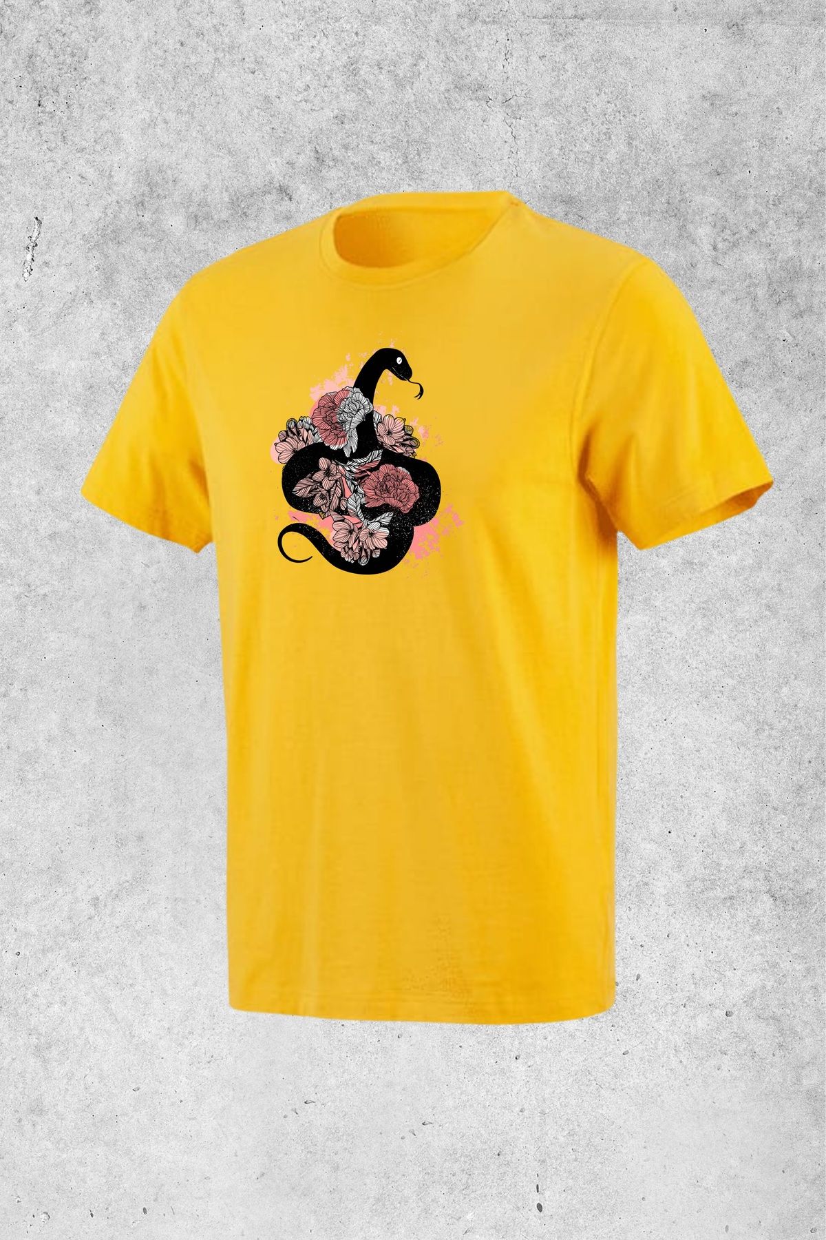 MOLICO Basic unısex sıfır yaka kısa kollu GÜLLÜ YILAN BASKILI tshirt