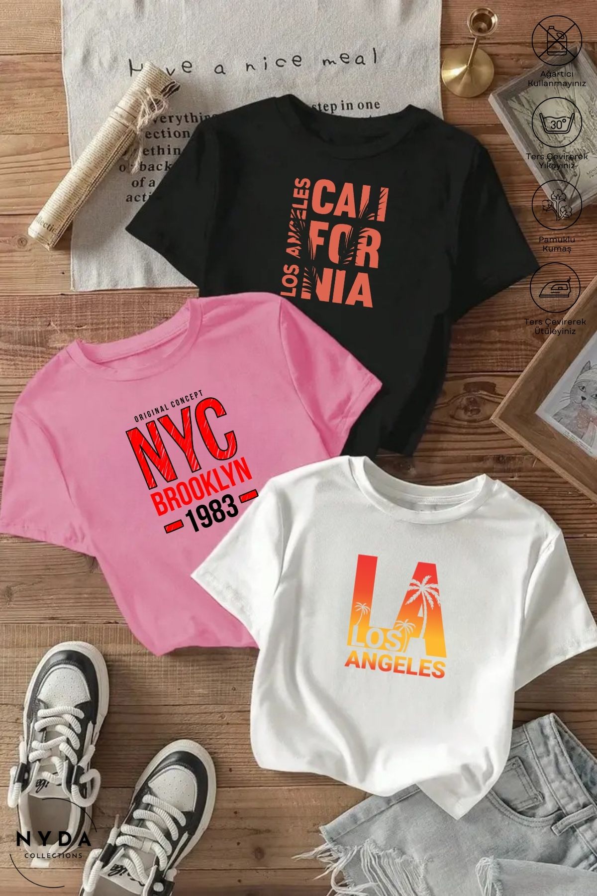 Nyda Collections Unisex Bisiklet Yaka Los Angelas Newyork Baskılı Pamuk Oversize 3lü Renkli Kısa Kollu Tişört Takım